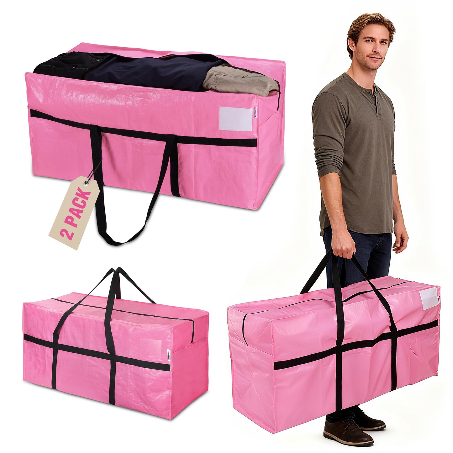 WORKPRO 2-Pack 66 Gallon Extra Large Moving Bags with Zippers, Carry Handles, Heavy-Duty, Water-Resistant Storage Totes for Moving & Space-Saving Organization, Pink