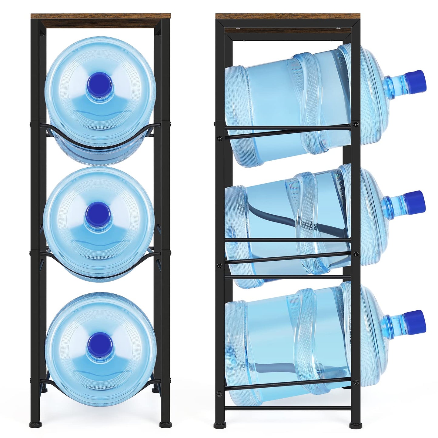 5 Gallon Water Jug Holder 3-Tiers Water Dispenser Stand Rack, Water Bottle Organizer with Storage Shelves for Kitchen Living Room Office, Rustic Brown