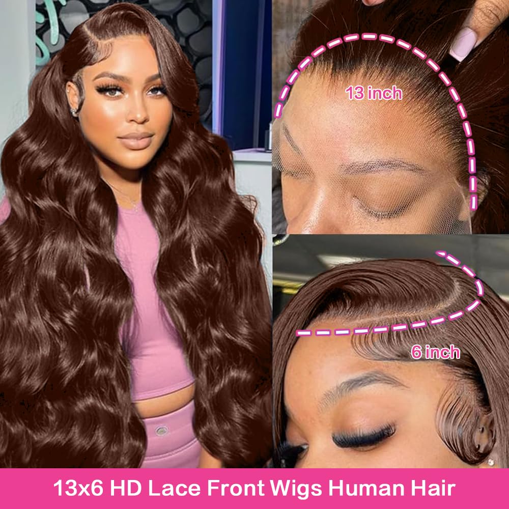 13x6 Chocolate Brown Lace Front Wig Human Hair HD Transparent Body Wave Lace Front Wigs Human Hair Pre Plucked Glueless Frontal Brown Wig Human Hair 180 Density #4. (13X6 Chocolate Brown Wig, 28inch)