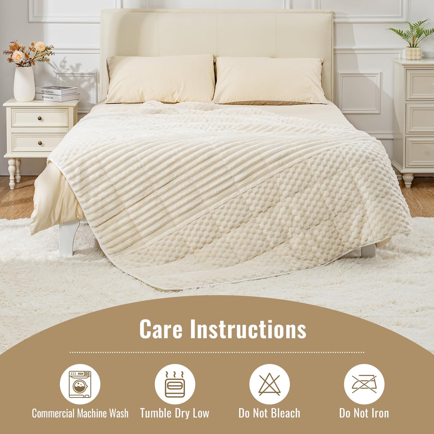 Uttermara Weighted Blanket for Adults Queen Size 15lbs, Soft Cozy Sherpa Fleece Heavy Blanket for Sleep and Calm, Fuzzy Warm Jacquard Bed Blanket, 60 x 80 Inches, Cream White