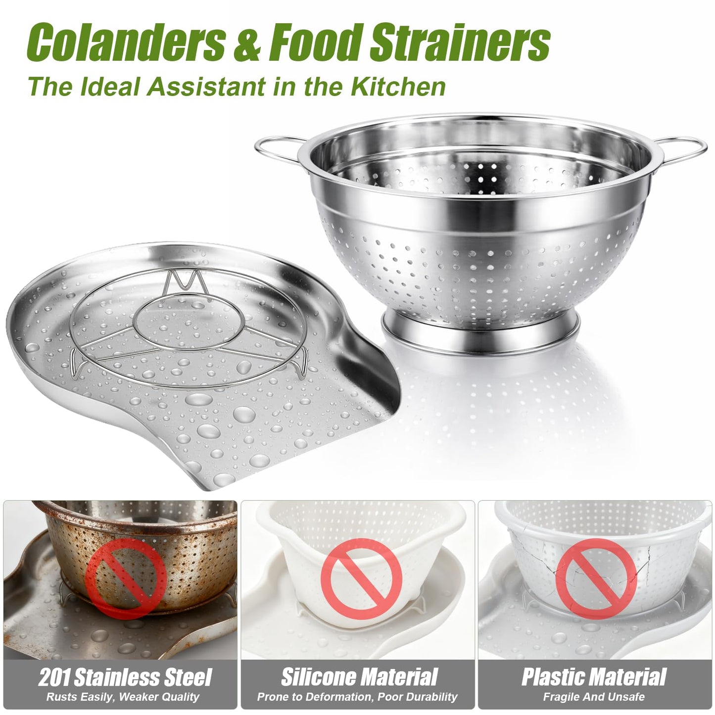 Palksky Stainless Steel Colander Set with Handles & Self-Draining Base, 3 Sizes (7”, 9”, 11”), Heavy Duty Pasta Strainer, Rice & Vegetable Strainer, Countertop Draining System