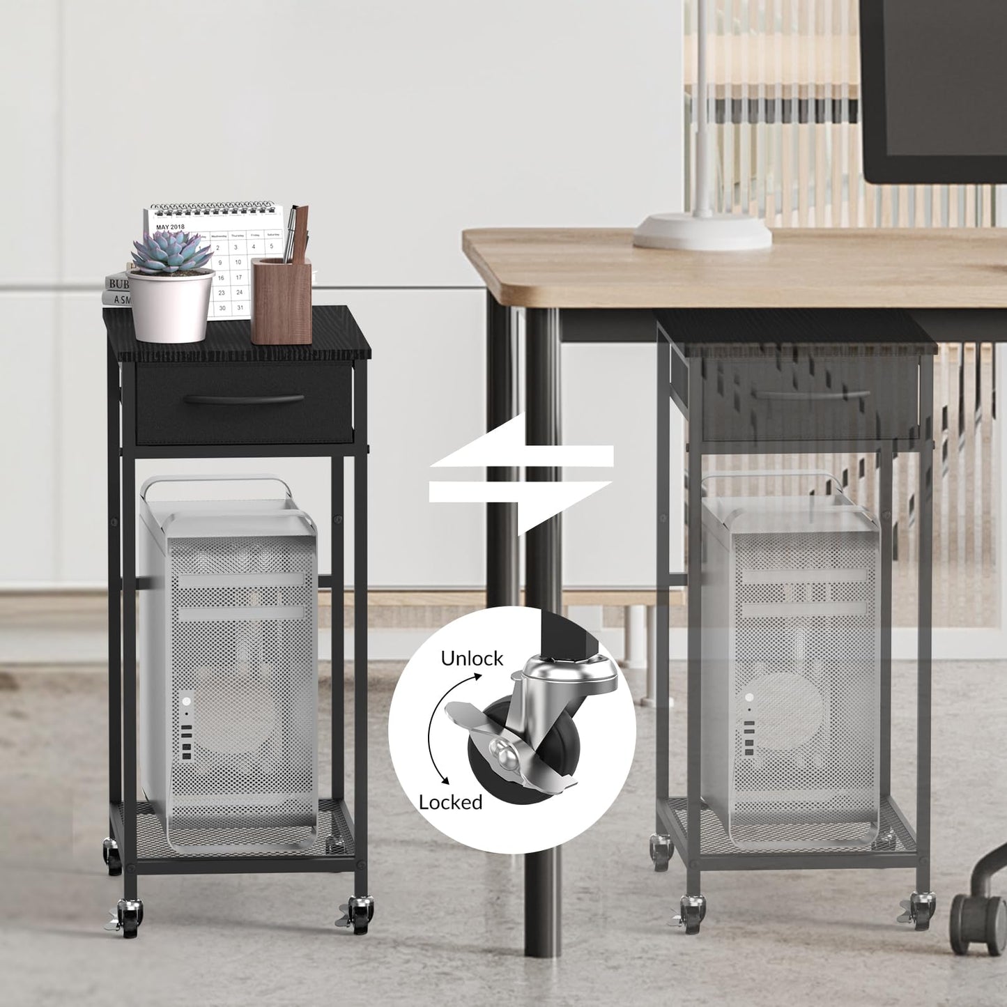 CADUKE 2 Tier PC Stand - Black Computer Tower Stand with Fabric Drawer, Modern Printer Stand with Wheels, Under Desk for Office & Study Room