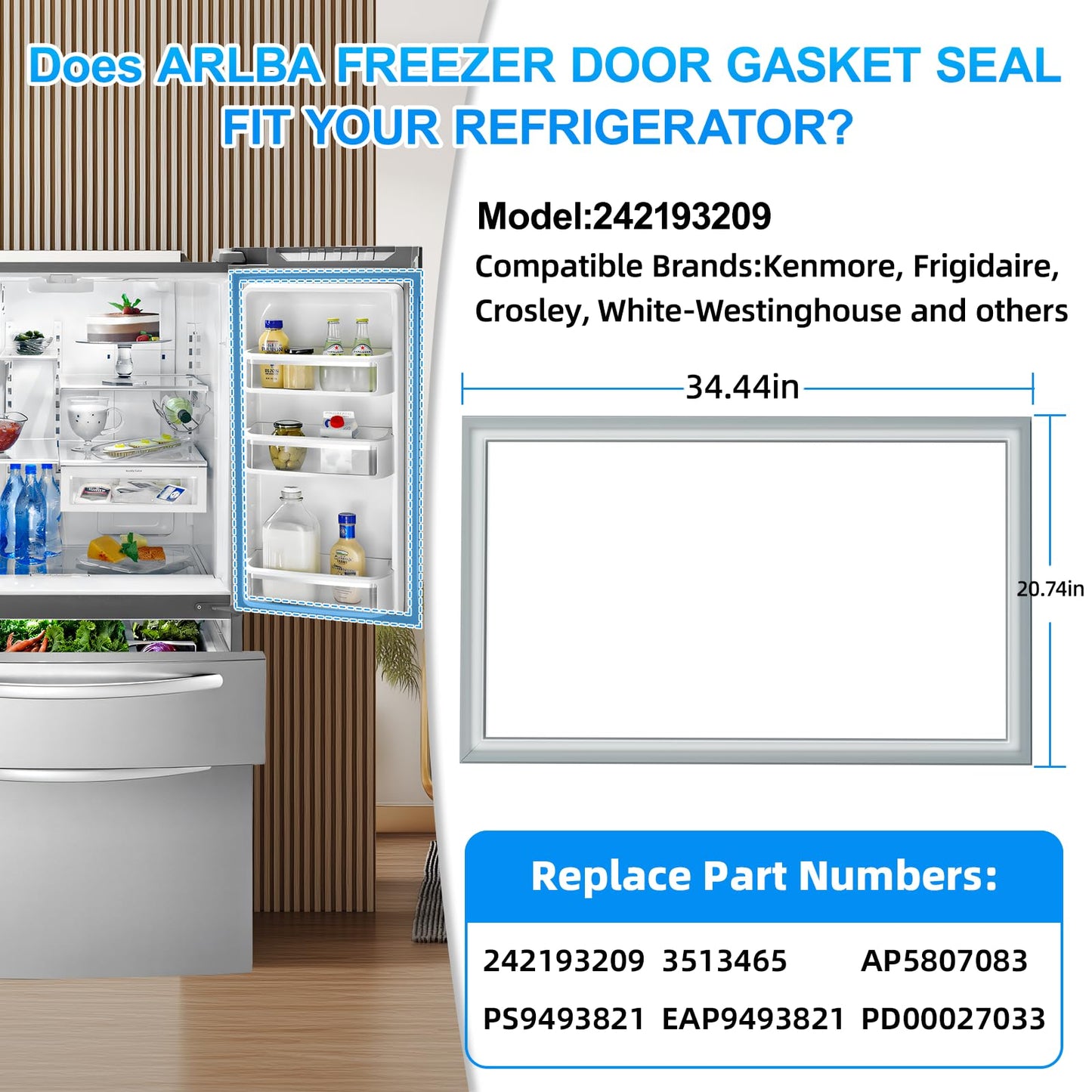 Upgrade 21.06"x34.25" WPW10714545 W10714545 Freezer Door Gasket Compatible for Kenmore Kitchen Aid and Whirlpool Freezer Door Seal EAP11757265 W10191103 W10443322 W10714545 PS11757265 AP6023917 White
