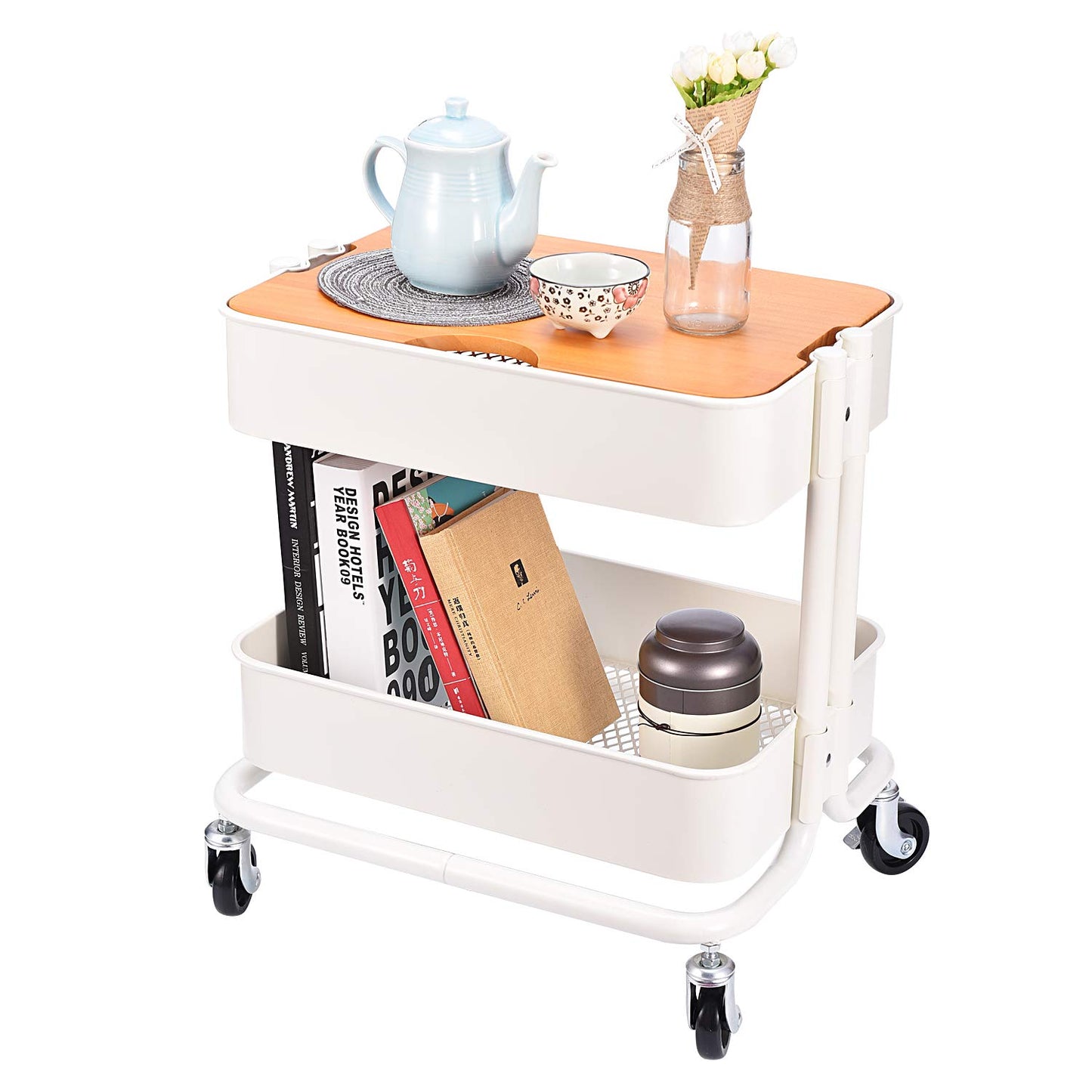 Melody House 2-Tier Metal Utility Rolling Cart Storage Side End Table with Cover Board for Office Home Kitchen Organization, Cream White