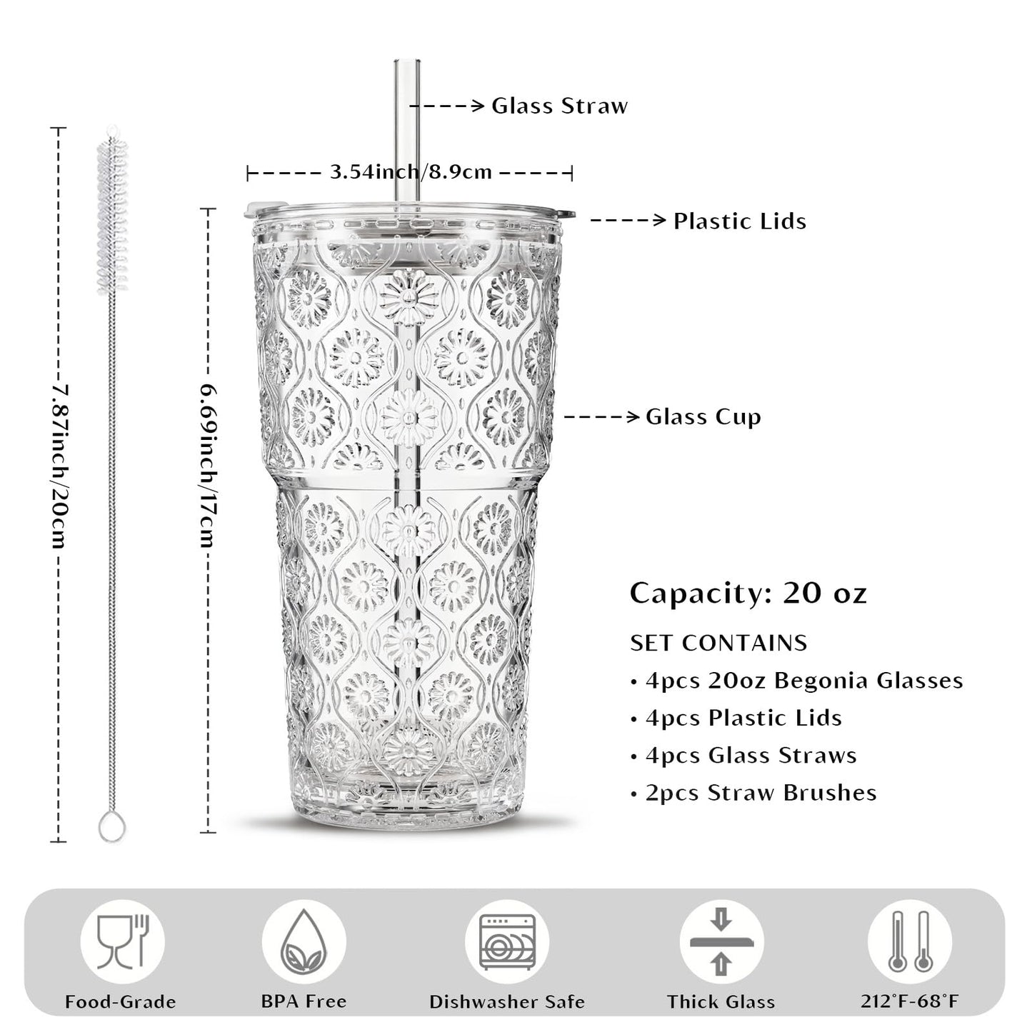 INSETLAN 20oz Begonia Flower Glass Tumbler Set of 4 – Thickened Glass Cups with Lids and Glass Straws for Iced Coffee, Smoothies, Milk, Water, and More – Elegant& Durable Drinkware