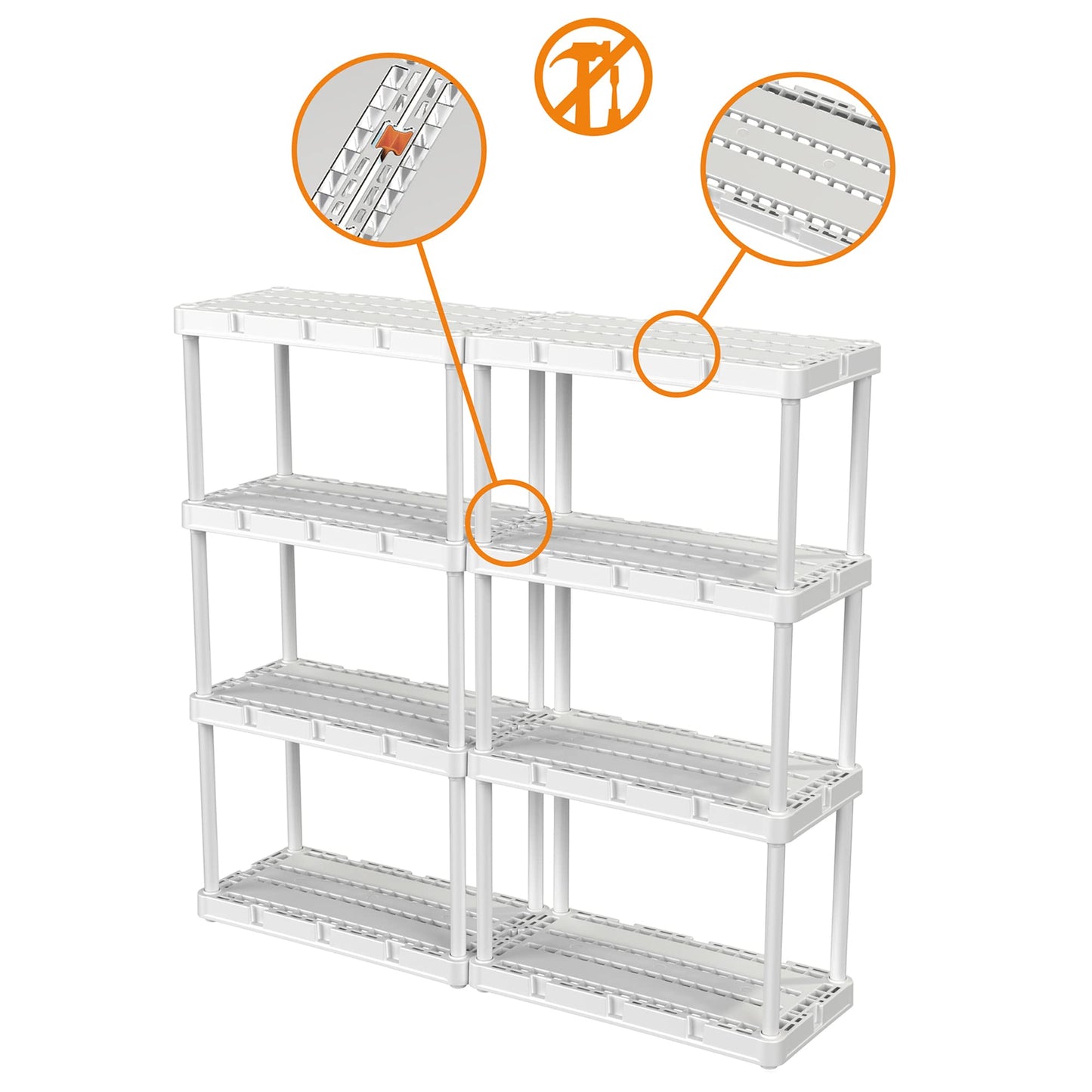 Gracious Living 2 Pack Light Duty Storage Shelves, Knect-A-Shelf 4-Shelf Ventilated Shelving Rack Organizer for Home, Garage, Basement & Laundry, White