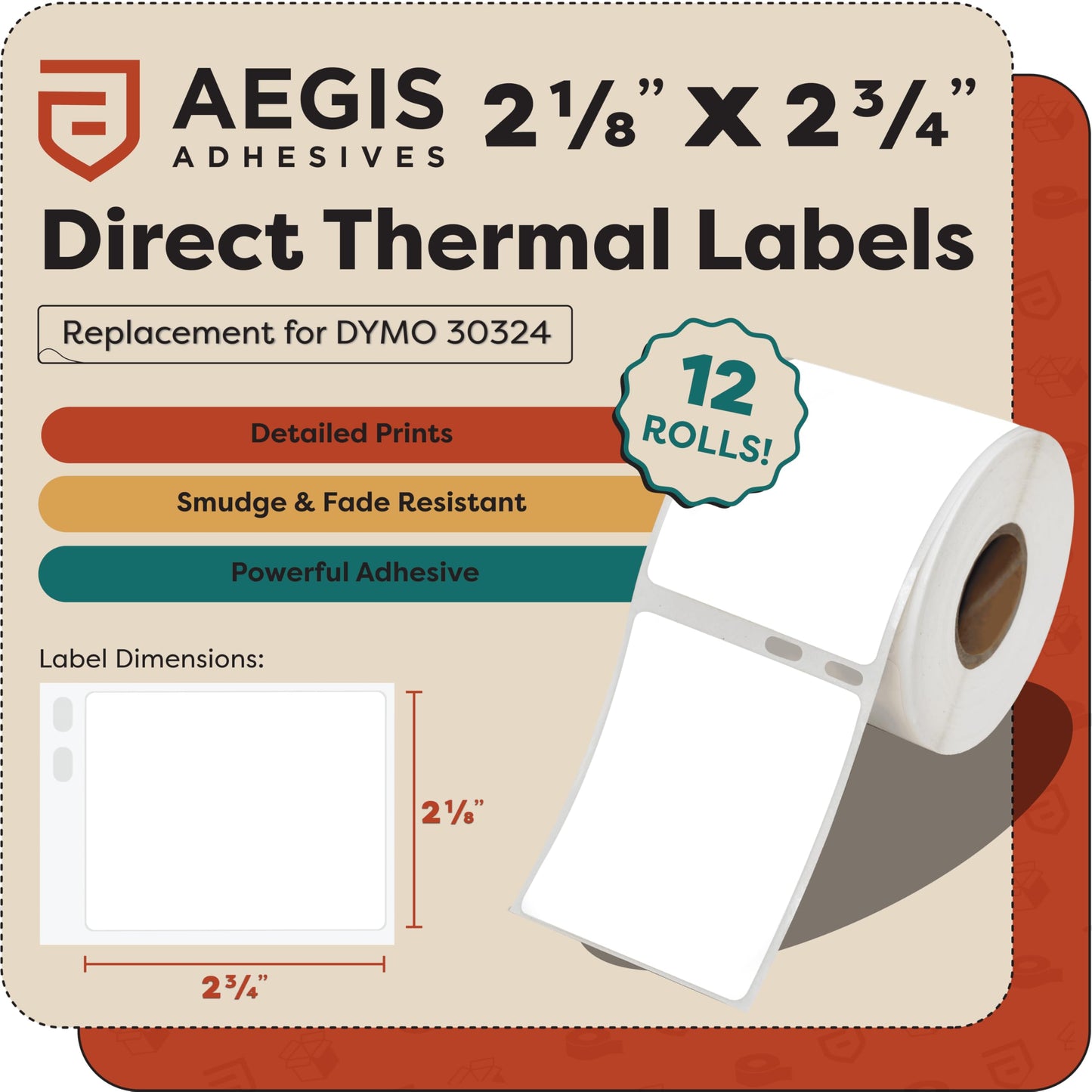 Aegis Adhesives - Replacement for DYMO 30324 (12 Rolls, 3840 Labels) - 2 1/8" X 2 3/4" Direct Thermal Barcode Multipurpose Labels - Compatible with DYMO LabelWriter 450, 450 Turbo, 4XL (Not 550, 5XL)