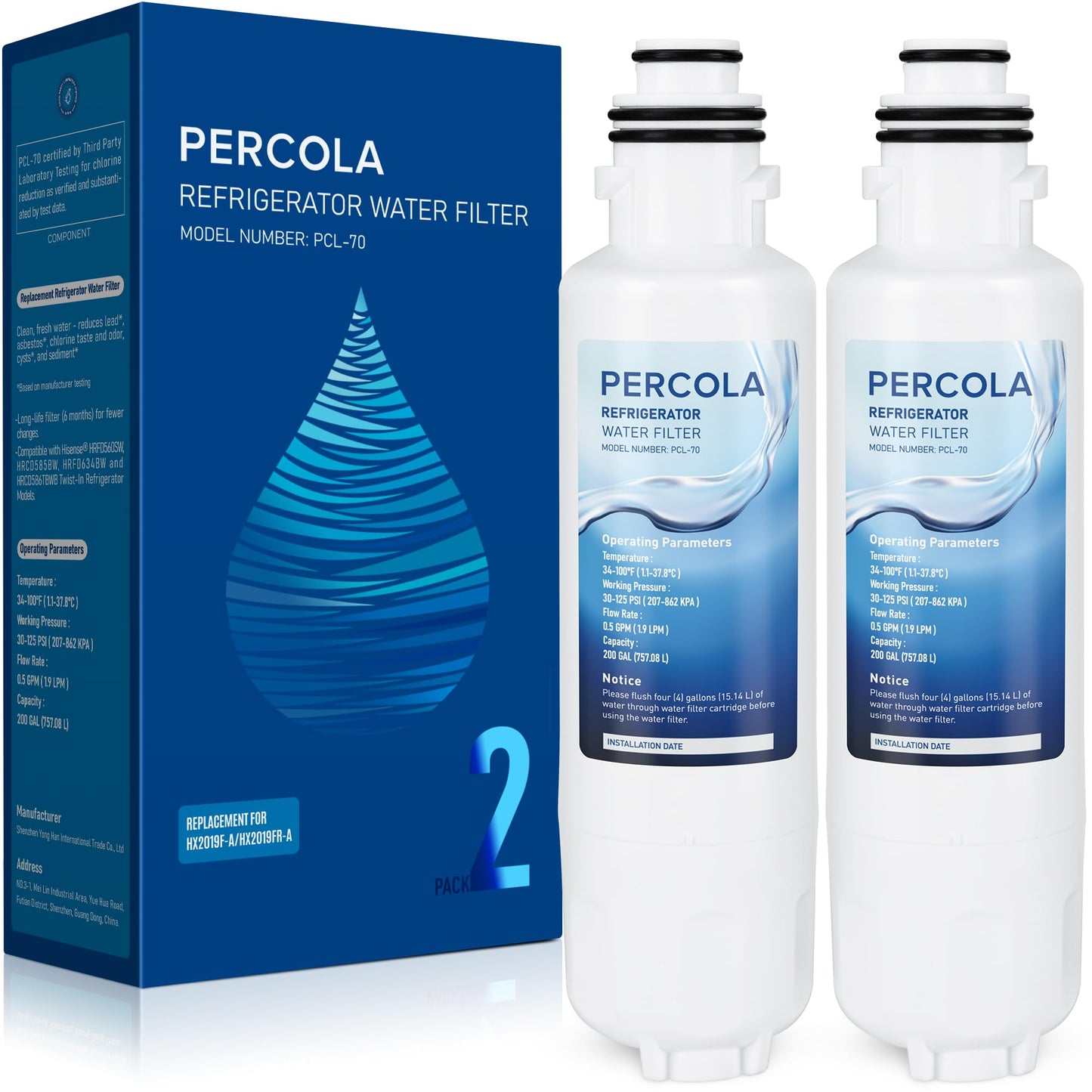 PERCOLA HX2019FR-A Water Filter Replacement, Compatible with Hisense HX2019FR-A, HX2019F-A, HRM260N6TSE, HRFD560SW, HRCD585BW, HRFD634BW, HRCD650BW, HRCD586TBWB and Mora MRM260N6TSE (2 Pack)