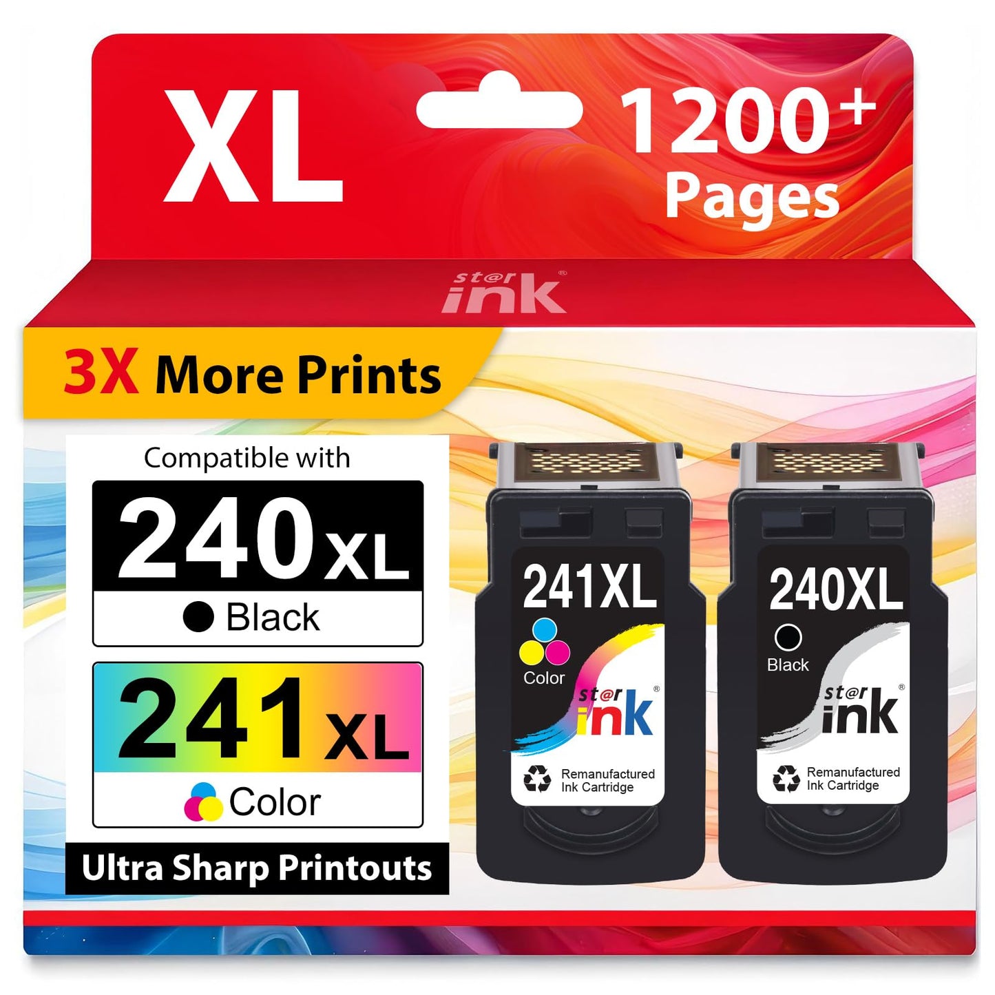 Starink PG-240XL CL-241XL Ink Cartridge High Yield Replacement for Canon 240XL 241XL Combo Pack Work with PIXMA MG3620 MG3520 MG3220 MG2120 MX472 MX452 MX532 TS5120 Printers (1 Black, 1 Tri-Color)