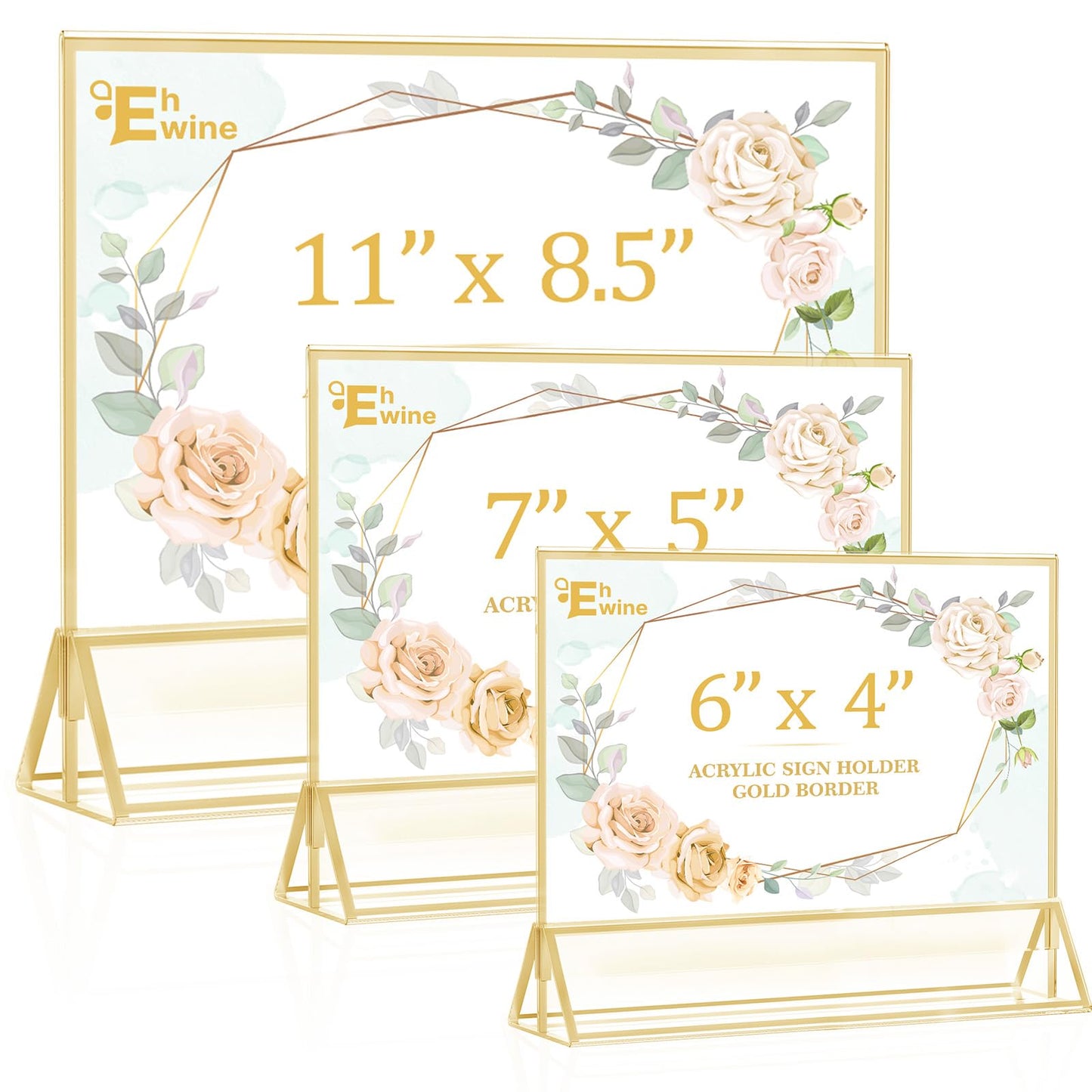 EHWINE 8 Pack Acrylic Sign Holder 8.5 x 11 Horizontal, Double-Sided Stand up Table Top Sign Holders, Gold Acrylic Picture Frame Menu Flyer Paper Holder Display Stand for Office Business Store Wedding Party