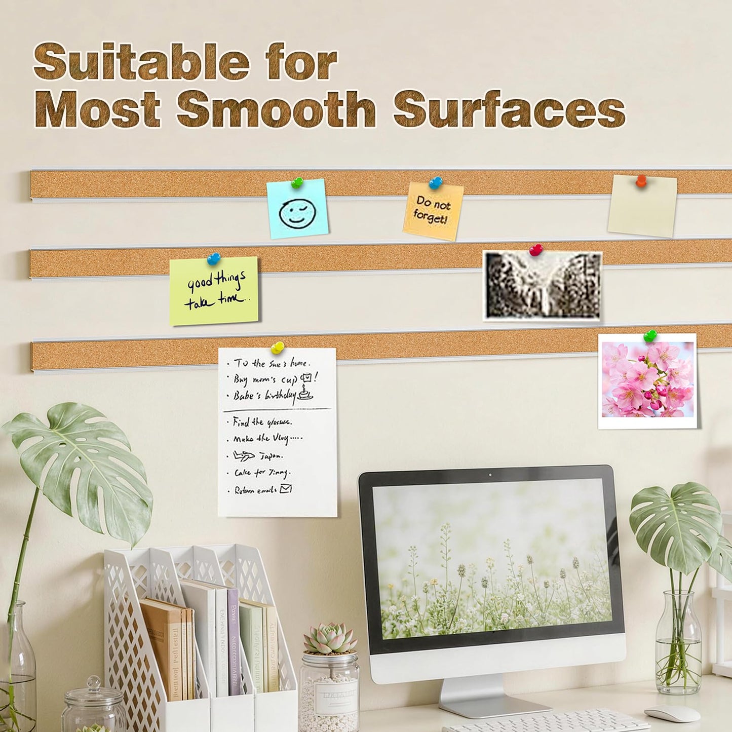 LILXIU 5 PCS Aluminum Trim Cork Board Strips for Walls 45.66 * 1.18 Inch Cork Strips Bulletin Bar Strip with Accessories Bulletin Board Strip for Home Office Classroom Decor