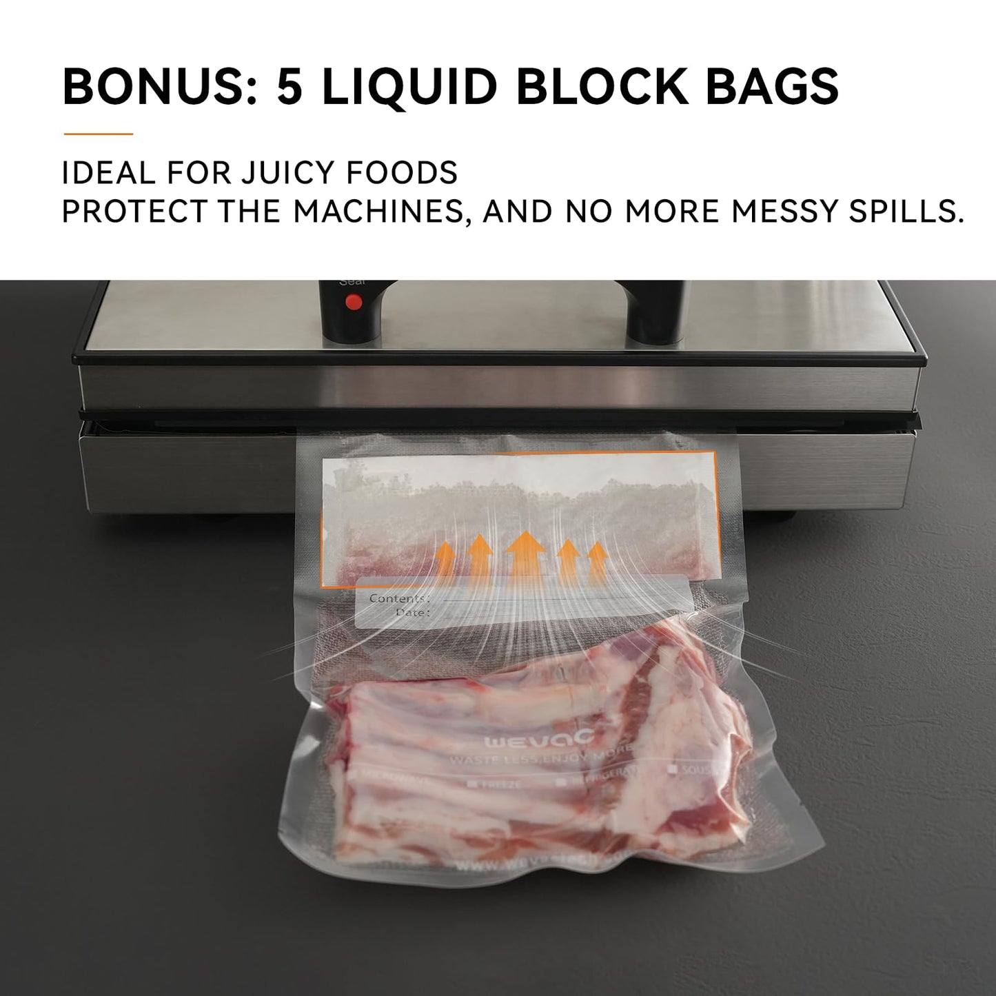 Wevac 8" x 12" Precut Vacuum Sealer Bags, 200 Count, Includes 5 Liquid Block Bags & 5 Bone Guard Pieces, Heavy Duty for Food Storage, Sous Vide & Meal Prep