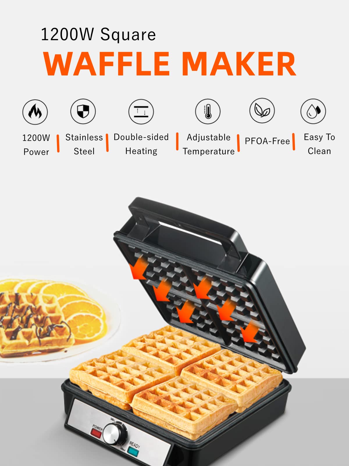 1200W Belgian Waffle Maker 4-Slice, Stainless Steel, 5 Browning Levels, Non-Stick Surfaces, Silver/Black, FOHERE - Perfect for Family Breakfasts (Black)