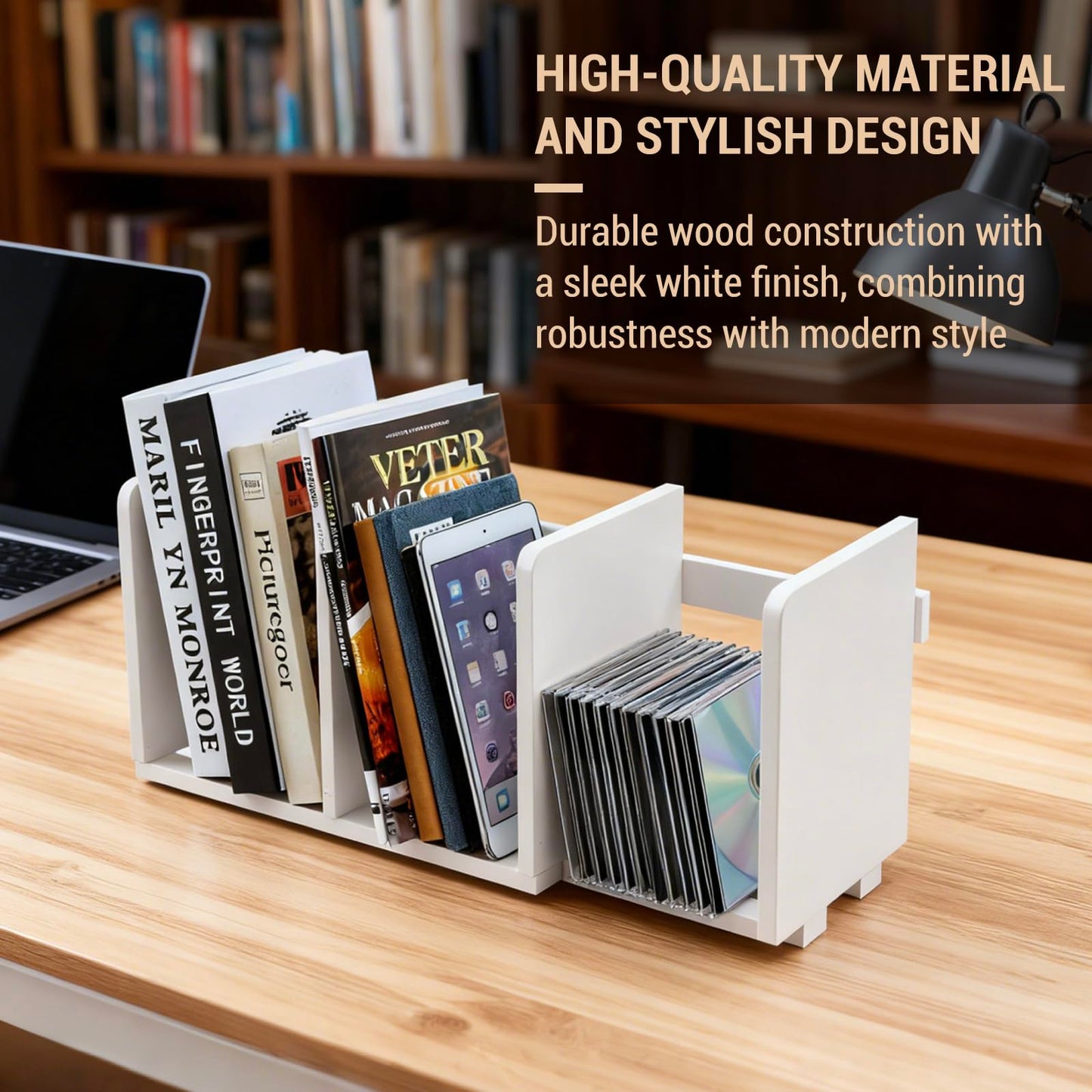 MyGift White Wood Desktop Bookshelf Organizer, Expandable Adjustable Display Shelf Book Rack