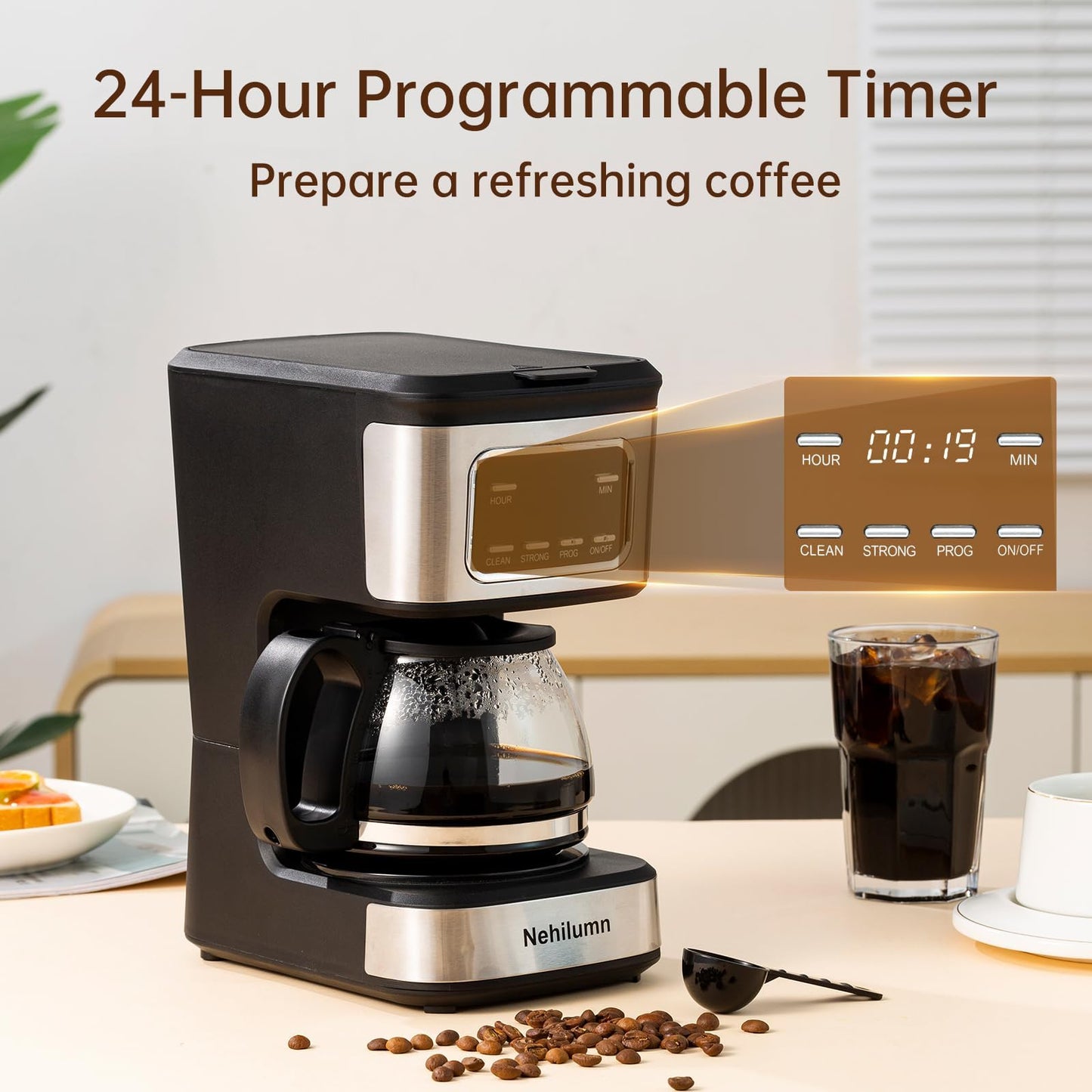 Nehilumn 5-Cup Programmable Coffee Maker - Reusable Filter, Clear Water Level Indicator, Auto Shut- Off, Black &Stainless Steel Coffee Pot