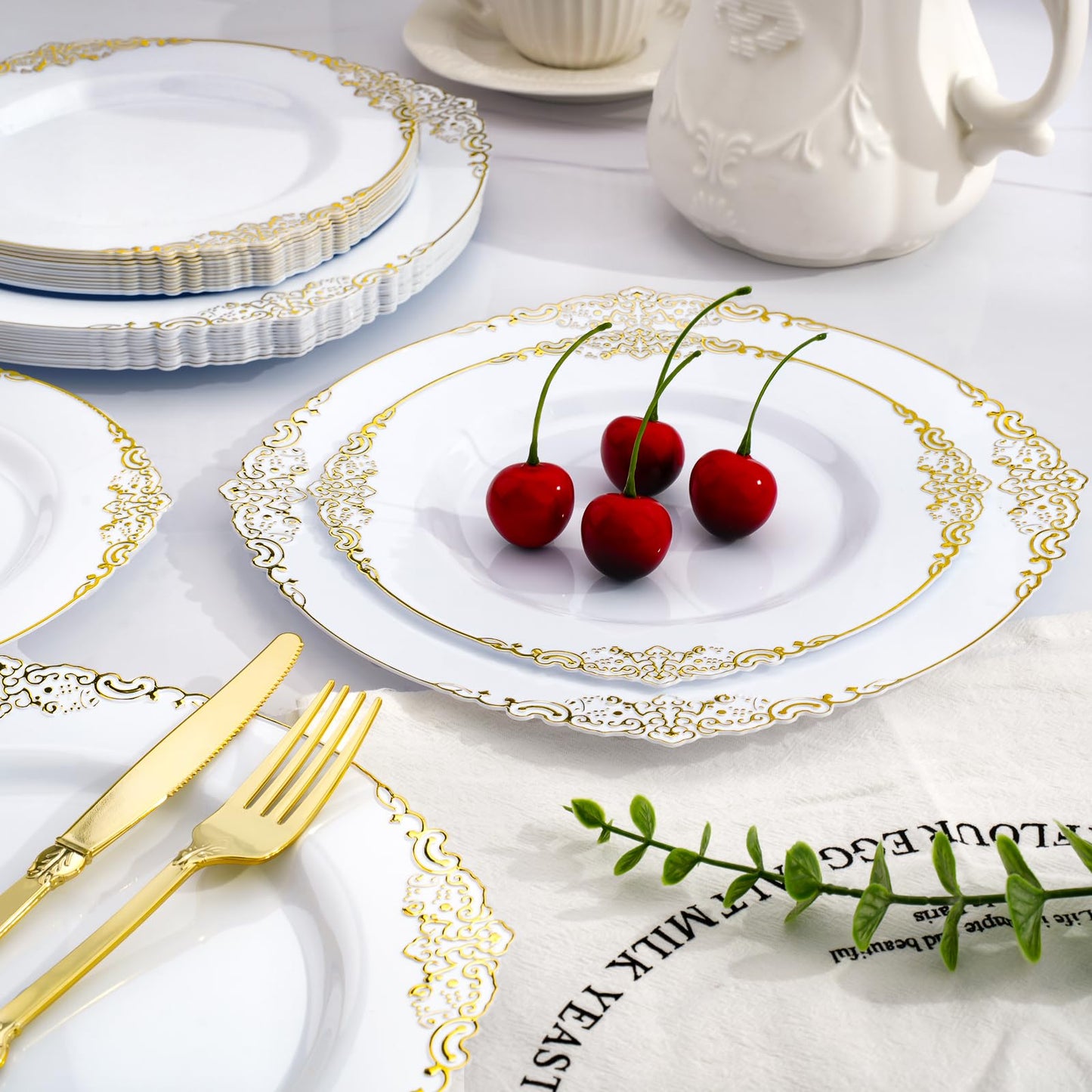 Realluck 350 PCS White and Gold Plastic Plates, Plastic Dinnerware Set for 50 Guests, 100 Disposable Plates, 150 Silverwares, 50 Cups, 50 Napkins for Party, Wedding, Graduation