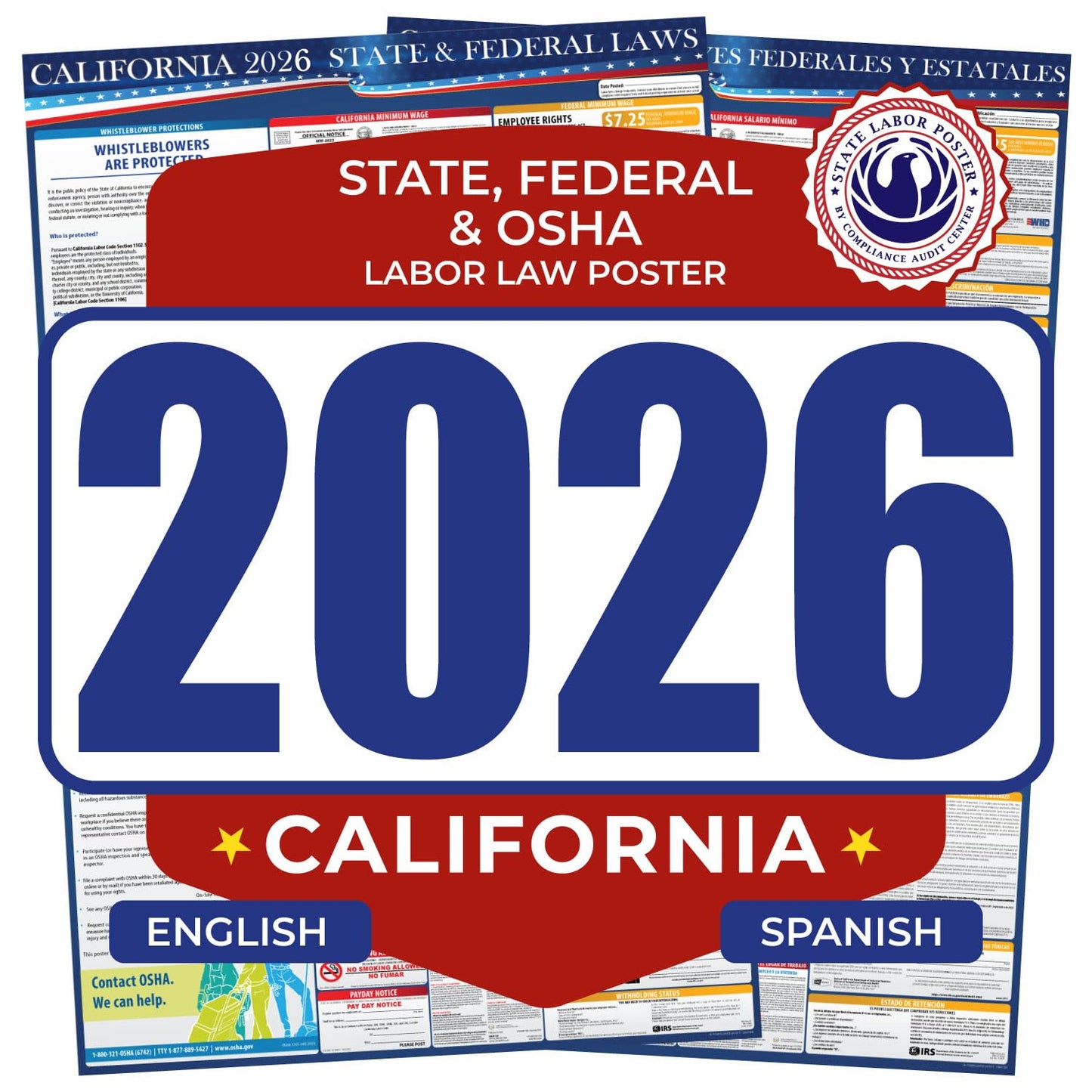 2026 California State and Federal Labor Law Poster - English Spanish Combo - OSHA Workplace Compliant - All-In-One Required Compliance Mandatory Regulations Posting for Employees 17" x 40" Laminated (English Spanish Combo)