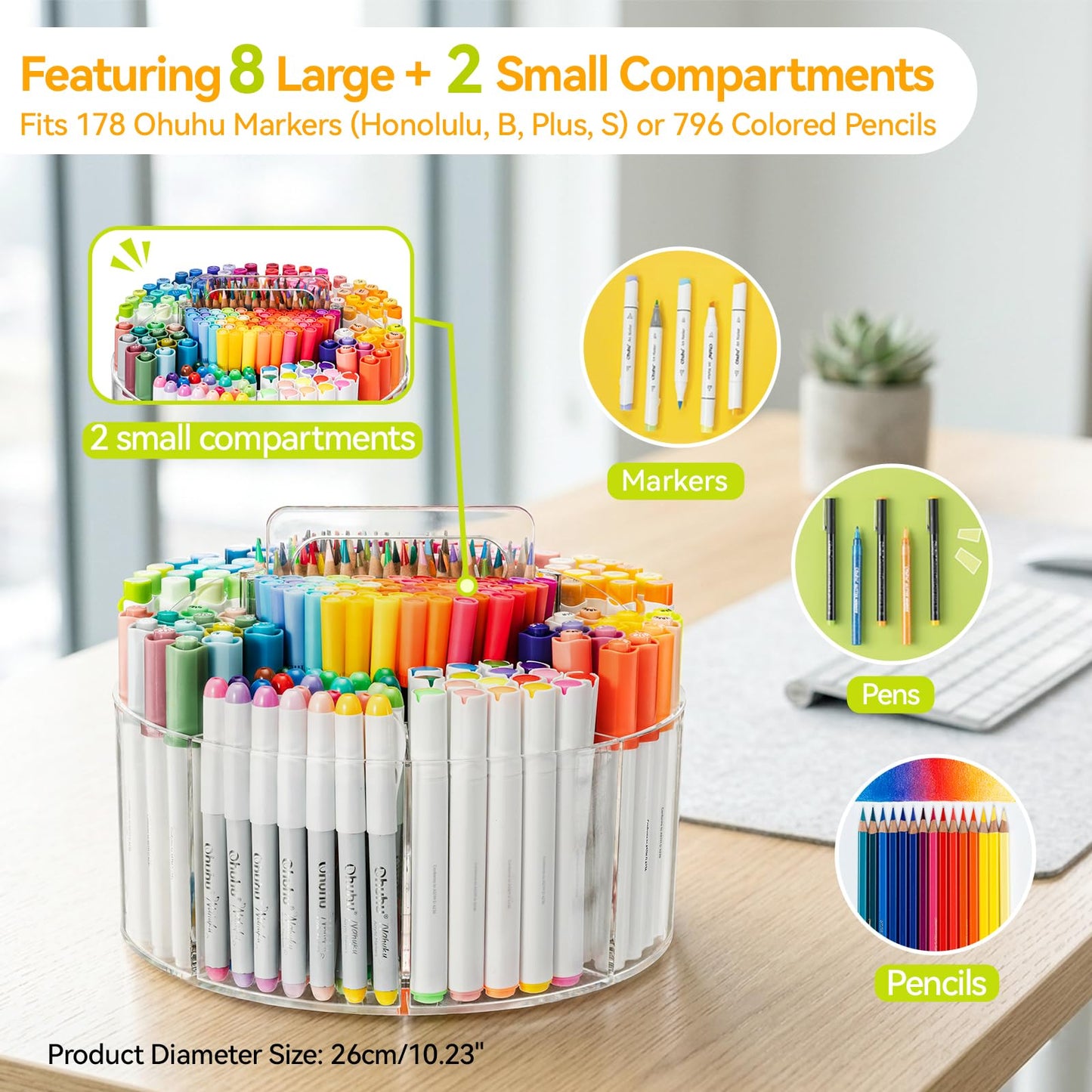 Ohuhu Acrylic Marker Organizer for Alcohol Markers, 360° Rotating Clear Acrylic Holder with Hidden Handle, 10 Compartments for Markers, Pens & Pencils, Home Classroom Office Desk Organizer