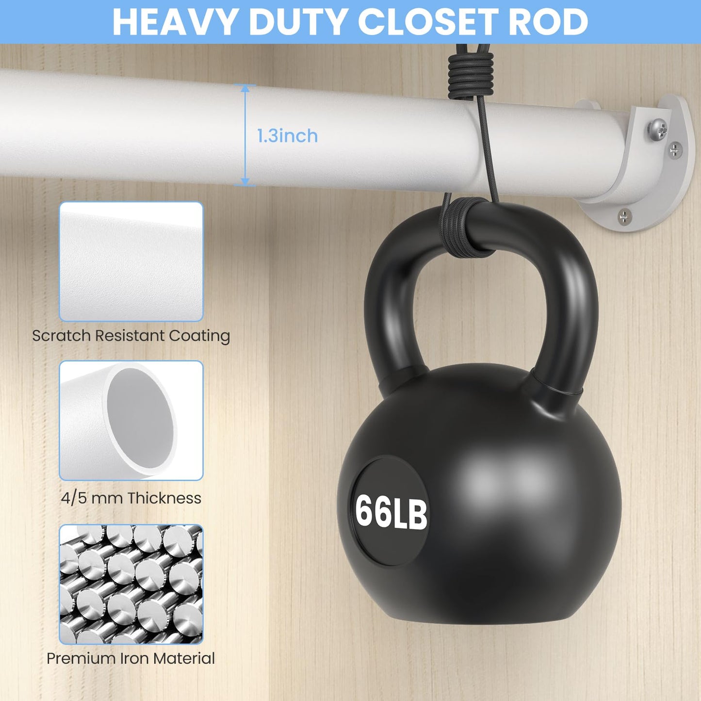 Ruiony 2 Pack Closet Rods for Hanging Clothes, 17 to 84 Inch Heavy Duty Stepless Adjustable Closet Hanging Rod, 1.3 Inch Diameter Metal Closet Rod for Wardrobes Laundry Bedroom RV, White