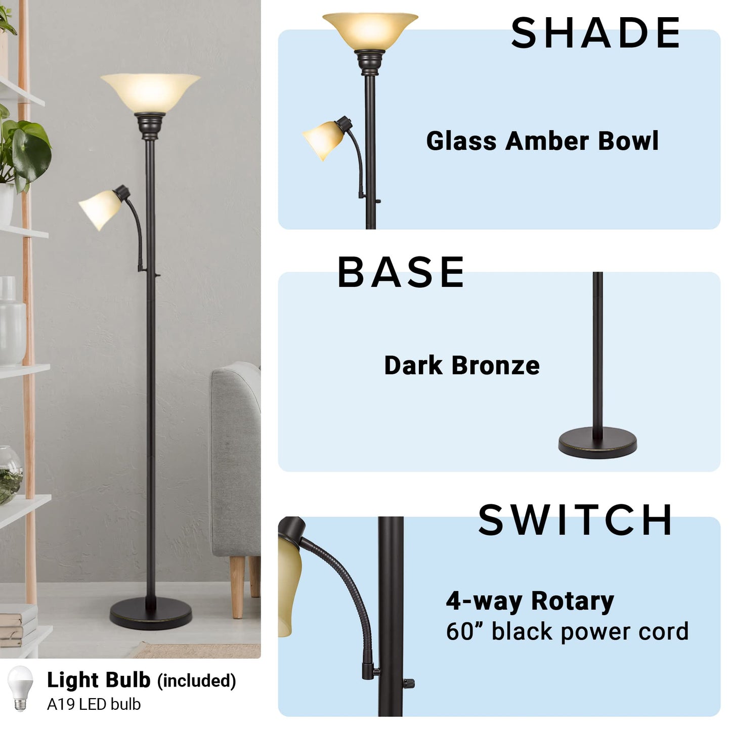 Catalina Lighting Transitional Uplight Floor Lamp with Reading Light, Standing Lamp, Living Room Light, LED Bulb NOT Included,71", Dark Bronze