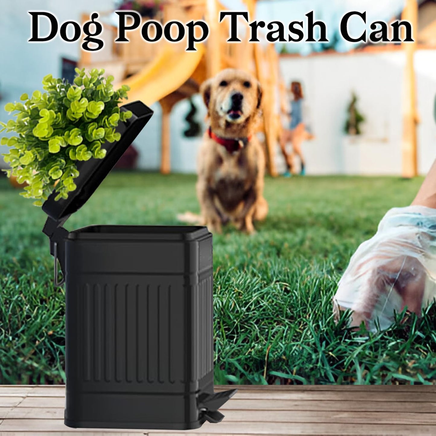 Tegneo Small Trash Can with Lid, Plant-Styled Outdoor Dog Poop Trash Can Outside, Farmhouse Retro Metal Garbage Can for Bathroom Office, Dog Waste Container with Pedal, Soft Close, 5L/1.3 Gal, Black