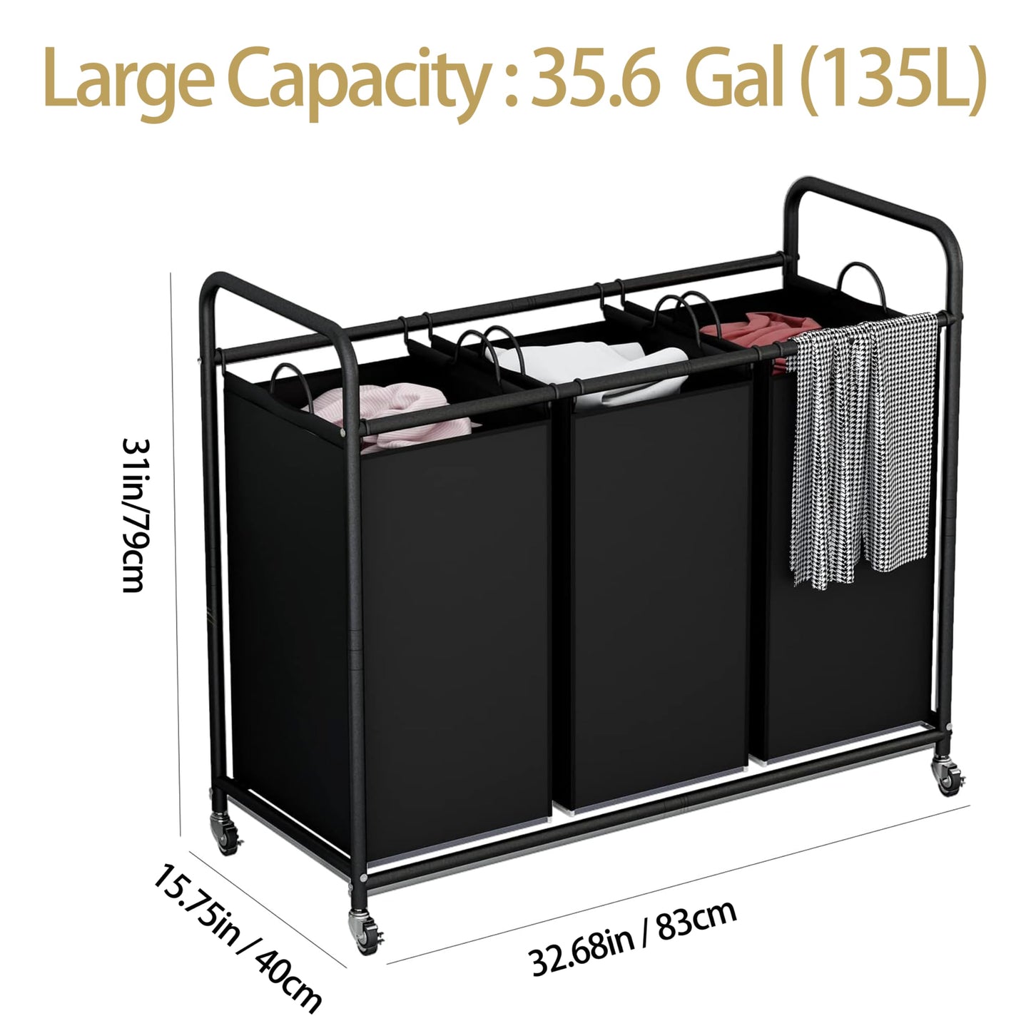 LINZINAR 3-Bag Laundry Basket, Black Laundry Hamper, 35.6 Gal(135 L) Laundry Sorter Cart Laundry Room Organization with Heavy Duty Rolling Lockable Wheels and Removable Bags