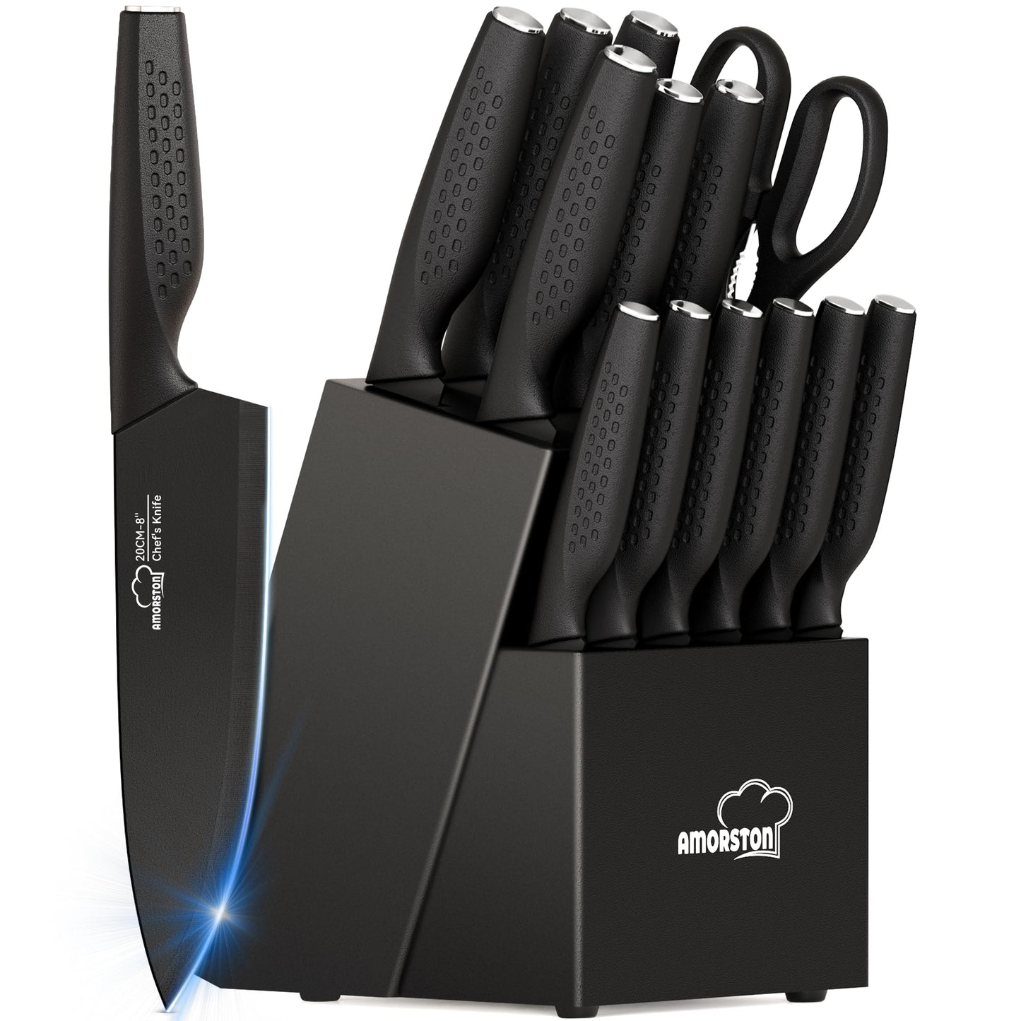 Knife Set, 15 Pieces Kitchen Knife Set with Block Built in Sharpener, Dishwasher Safe, German Stainless Steel Knife Block Set, Elegant Black