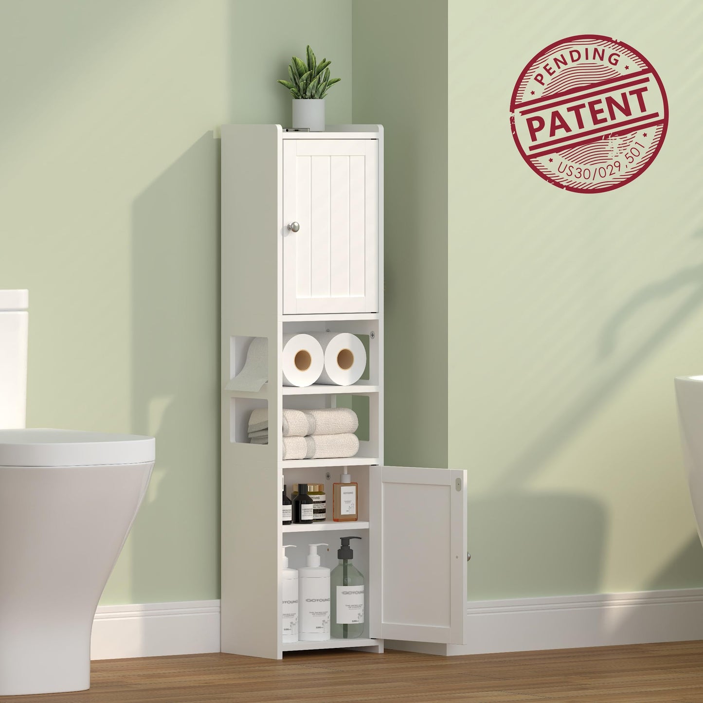 TidyHaven 39" Small Bathroom Storage Cabinet, Narrow Corner Floor Cabinet with Doors & Adjustable Shelf, Slim Skinny Design for Bathroom, Kitchen, Living Room (White)