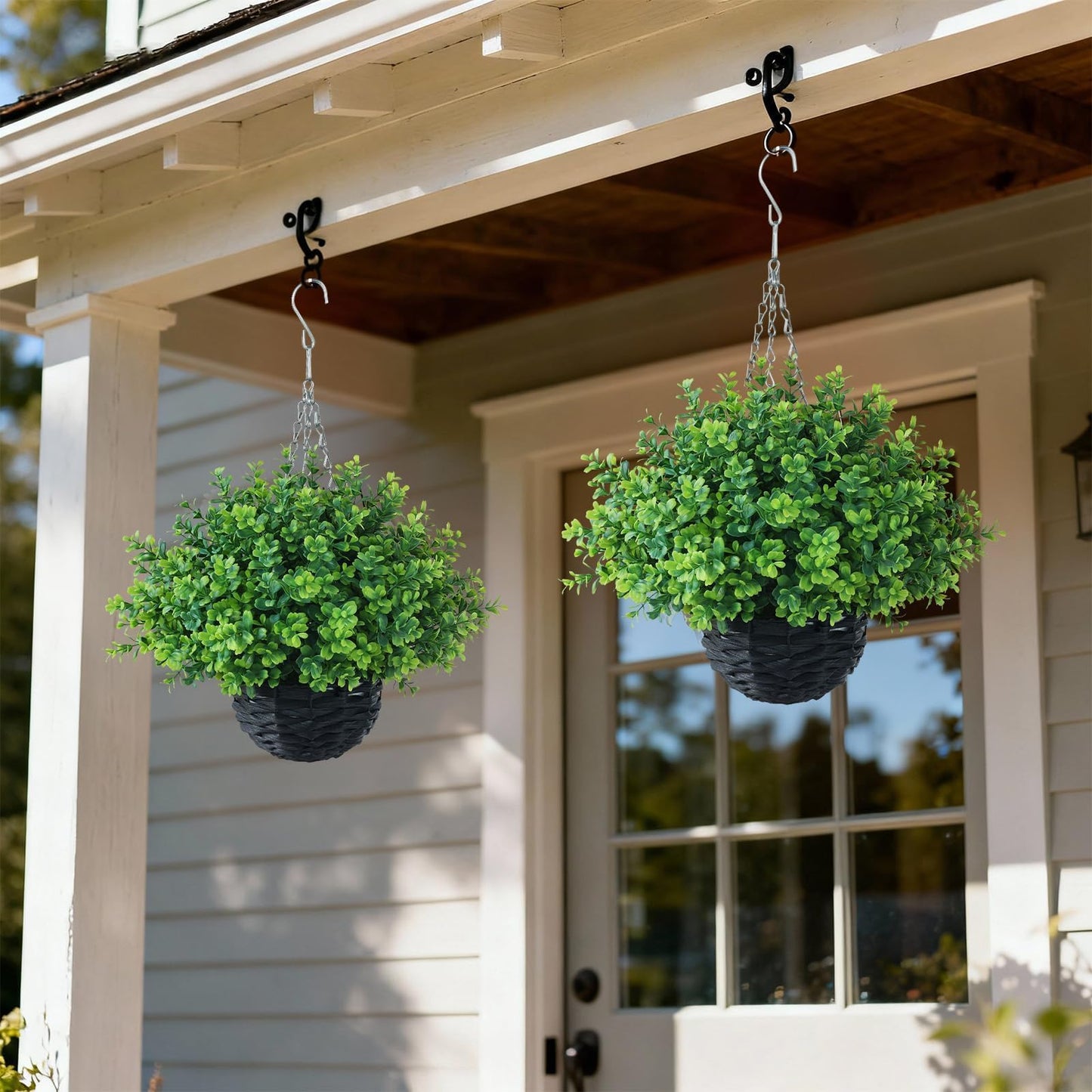 FOTEEWL Artificial Boxwood Hanging Baskets - 2 Sets of Hanging Plant Fake Bushes with Baskets,UV-Resistant Suitable for Outdoor,Porches,Eaves,Farmhouses,Courtyard Decorations