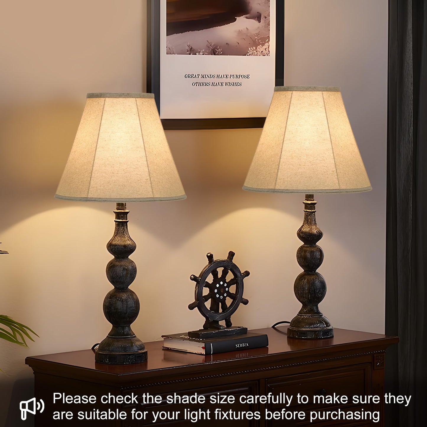 Bell Lamp Shades Set of 2, 6"Top x 13"Bottom x 10"High, Beige Shade Replacement for Table Lamps, Floor Lamps, Fabric Natural Linen Hand Crafted(Spider Fitter), Harp Holders Included, Assembly Required