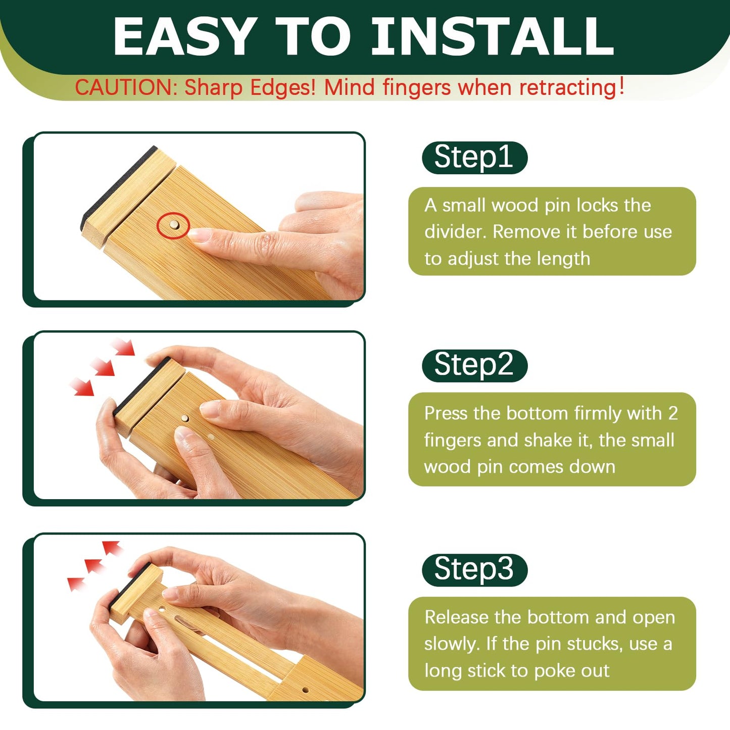 Lzerking Kitchen Drawer Dividers 6 Pack, 17-22" Adjustable Bamboo Drawer Organizers Large, Spring Loaded, Expandable Utensil Organizer, Works in Kitchen, Dresser, Closet, Bathroom, Bedroom