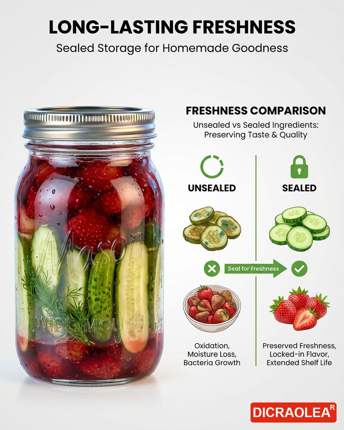 DicraoLea 12 Pack 32 OZ Glass Food Storage Jars with Separable Airtight Lids, Wide Mouth Mason Jars for Pickling, Fermentation, Canning, Microwave & Dishwasher Safe