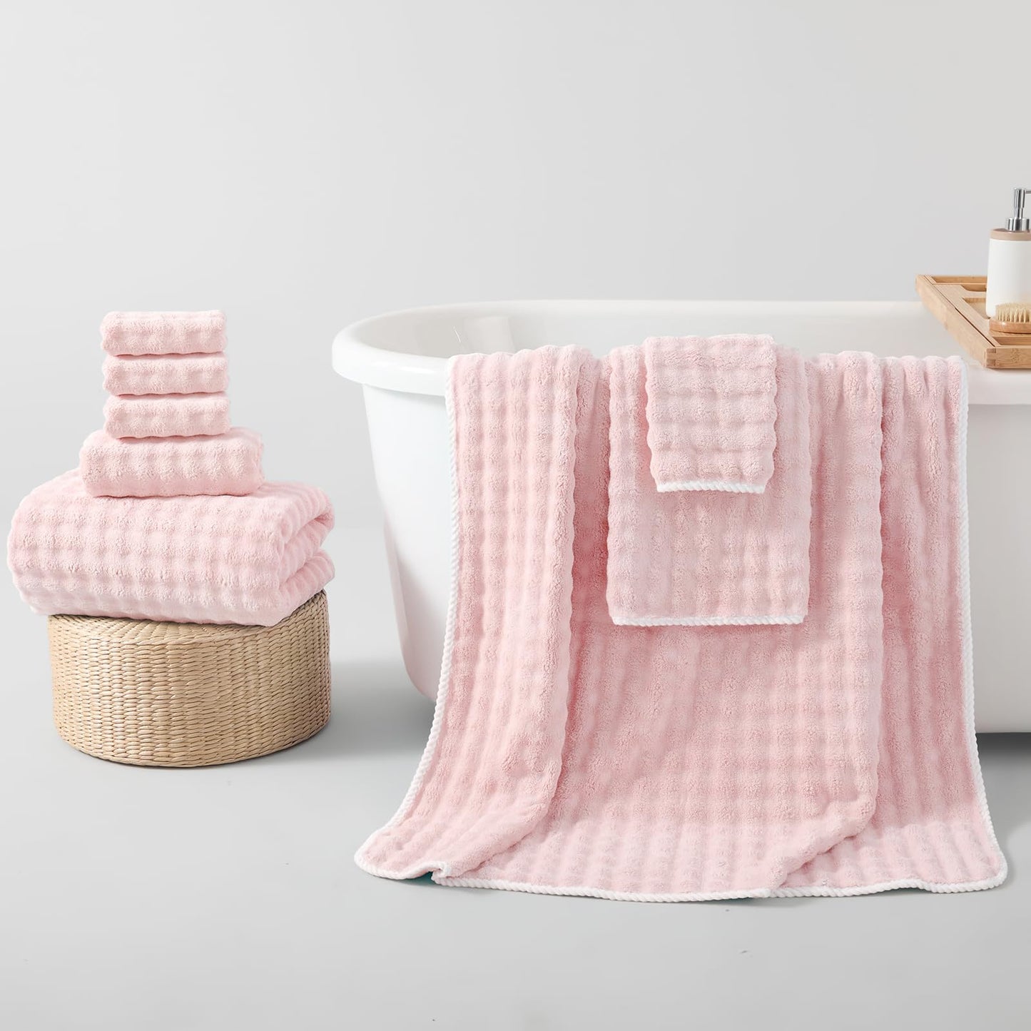REDKISS Soft Bath Towel Sets 8-Piece, Microfiber Quick Dry & Absorbent, 35x70 in Large Bath Sheet 14x30 in Hand Towel, 12x12 in Washcloth, Pink Bathroom Towel Set