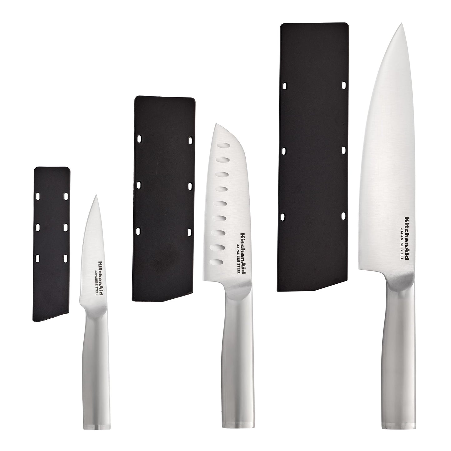 KitchenAid 3 Piece Forged Chef Knife Set Japanese Steel, Includes 8 Inch Chef Knife, 5 Inch Santoku Knife, and 3.5 Inch Paring Knife with Blade Covers