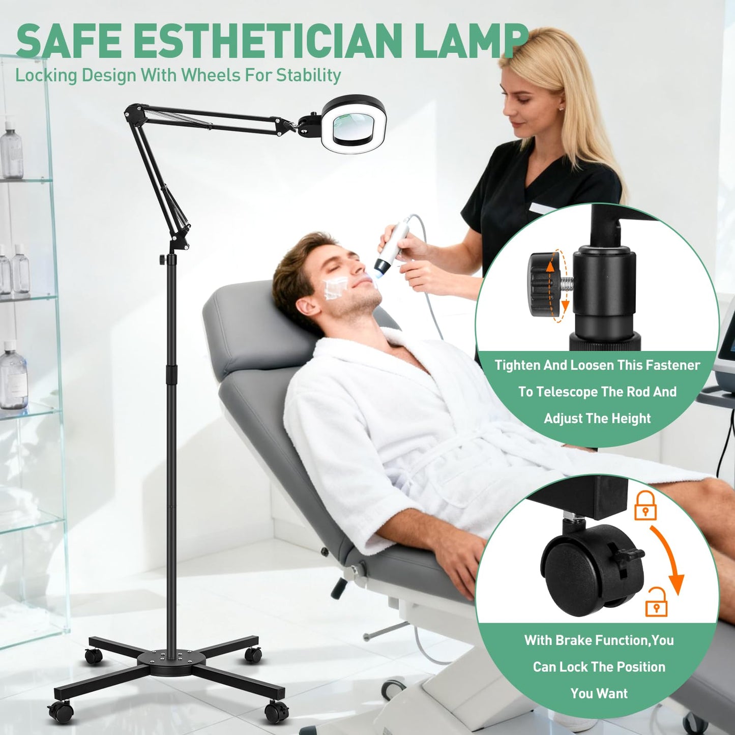 KMDES 12X Magnifying Floor Lamp, 2 in 1 Lighted Magnifier Glass with Light for Workbench, Craft, Sewing, Esthetician, Reading, 3 Axis Rotation Infinite Color Dimmable, 4 Wheel Stable Stand Base Black