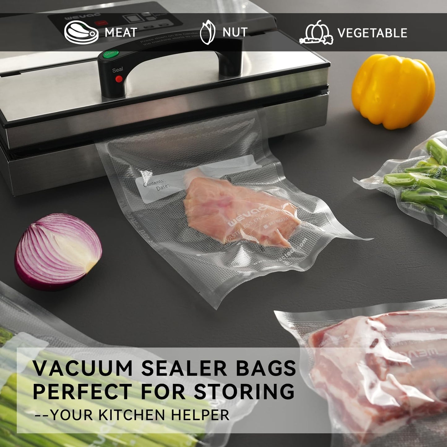 Wevac 8" x 12" Precut Vacuum Sealer Bags, 200 Count, Includes 5 Liquid Block Bags & 5 Bone Guard Pieces, Heavy Duty for Food Storage, Sous Vide & Meal Prep