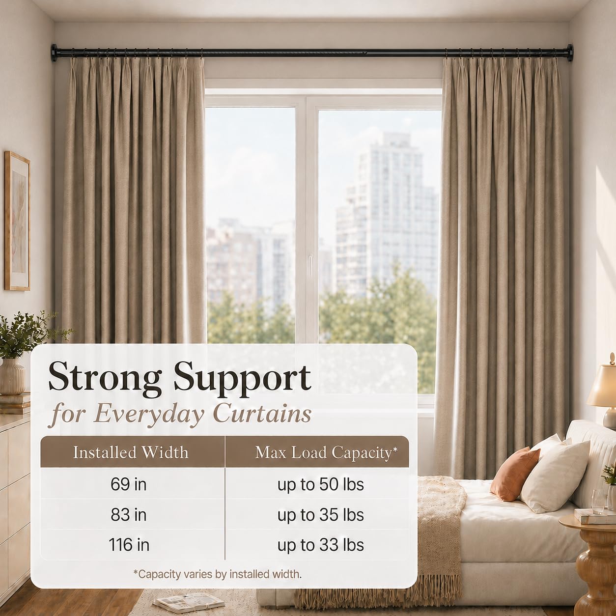 ALLZONE Tension Curtain Rods for Windows 40 to 121 Inches, Extra Long Curtain Rods No Drilling, No-Slip Tension Rod Hold Up to Heavy Drapes, Perfect for Bathroom, Bedroom, Patio & Room Divider, Black