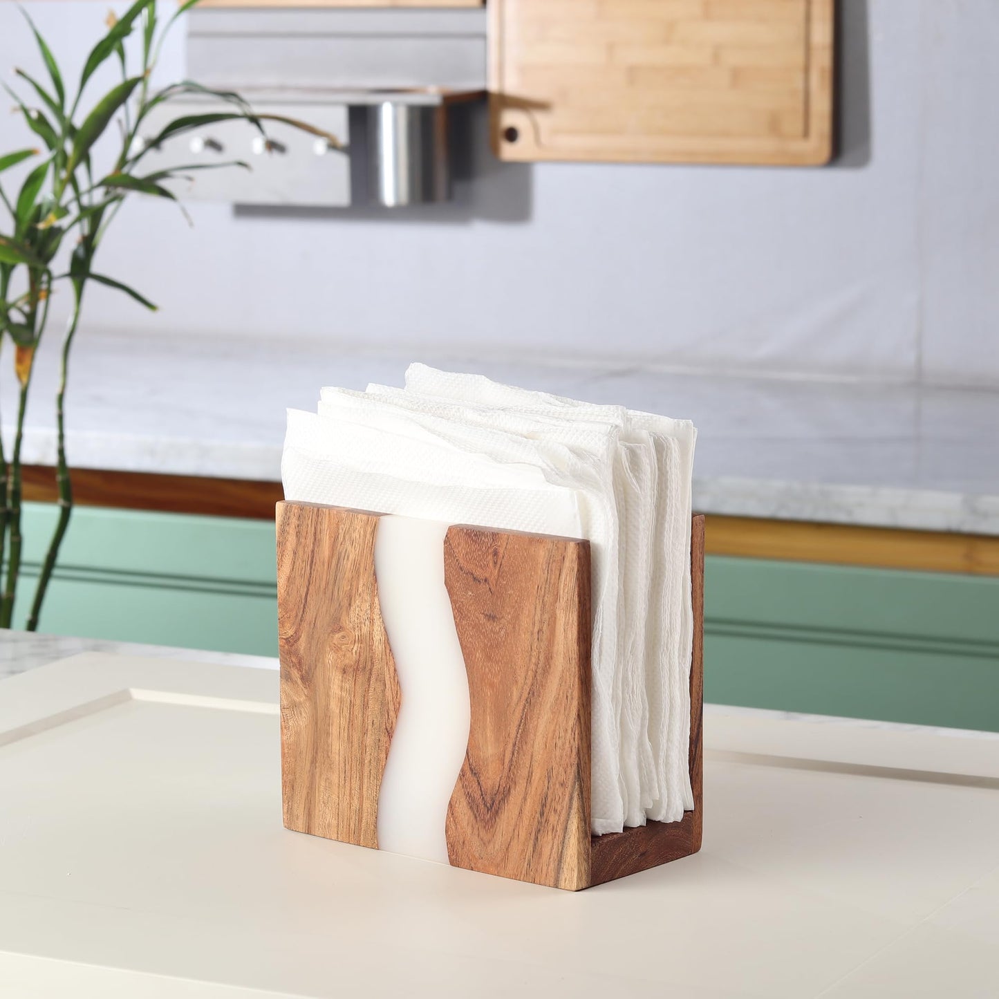 LAVAUK Acacia wood & Transparent Epoxy resin Napkin holder for table, Rustic farmhouse napkin organisation for kitchen, dining, counter tops, restaurant or outdoors | 6x5x2.5 inches|(Cloudy White)