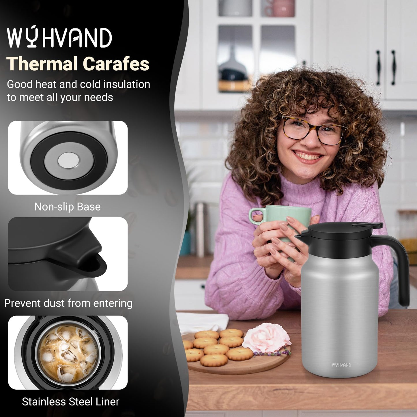 WYHVAND 51oz Thermal Coffee Carafe for Home & Office, 12H Hot Insulated Pitcher with Drip-Free V-Spout and Easy Clean 2.75" Wide Mouth, Silver