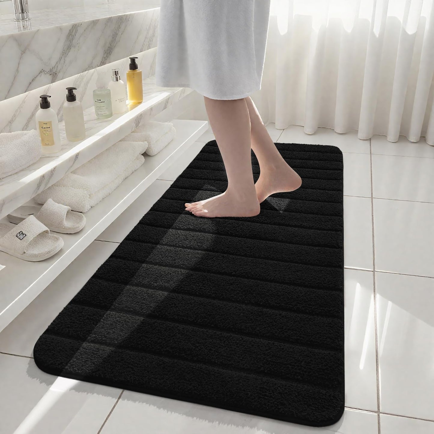 AROGAN Luxury Long Bathroom Runner Rugs, Thick Soft and Absorbent Microfiber Non Slip Bath Mat, Rubber Backing Striped Rug Carpets, Machine Washable Plush Mats for Bathroom Floor, 24x60 Inch Black