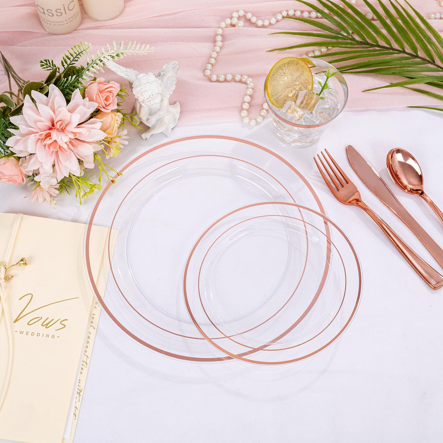 bUCLA 300PCS Rose Gold Plastic Dinnerware - Clear Dinnerware Set Disposable Include 50 Dinner Plates,50 Dessert Plates,50 Knives,50 Forks,50 Spoons,50 Cups for Party & Wedding