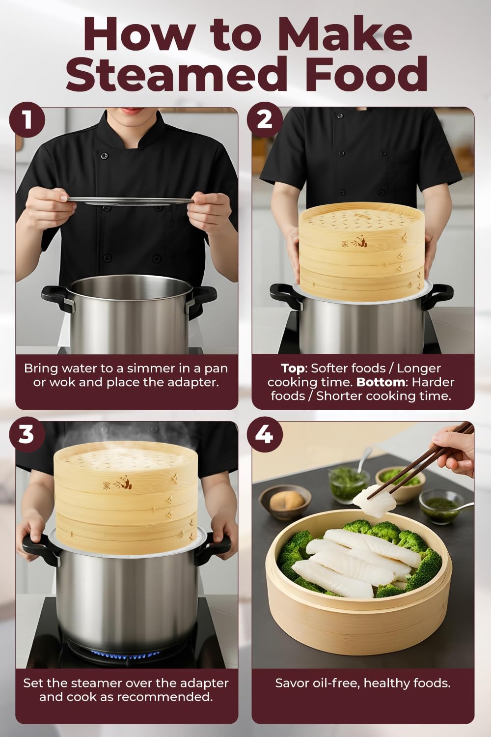 Prime Home Direct Bamboo Steamer Basket 10-Inch | 2-Tier Steamer for Cooking | 50 Liners, Chopsticks, Sauce Dish | Steaming Asian Food, Bao Buns, Chinese, Dim Sum, Dumpling, Rice, Vegetable Steam Pot