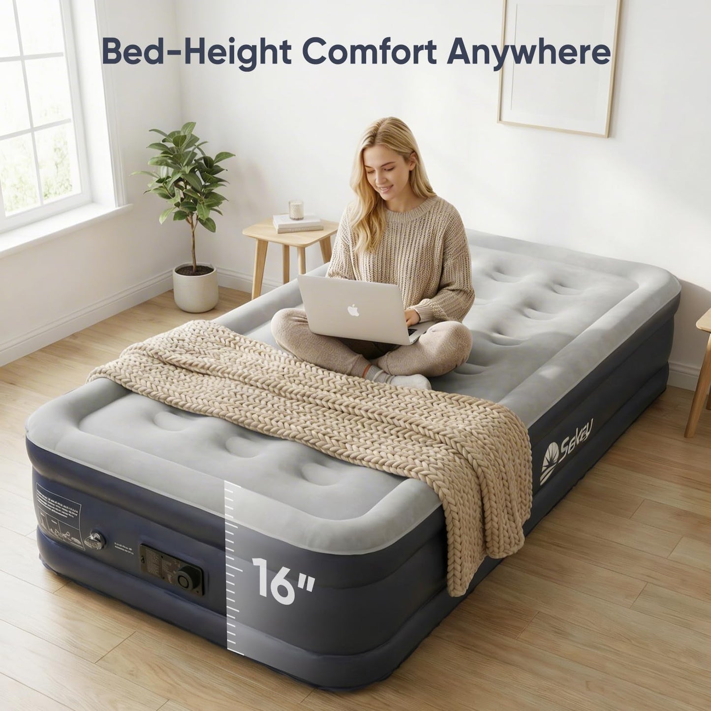 Sekey Twin Air Mattress with Built in Pump, 16" Raised Compact Blow up Mattress, Inflatable Mattress for Camping Guest Home, Portable Travel Air Bed, 3-Min Quick Inflation Deflation, Colchon inflable