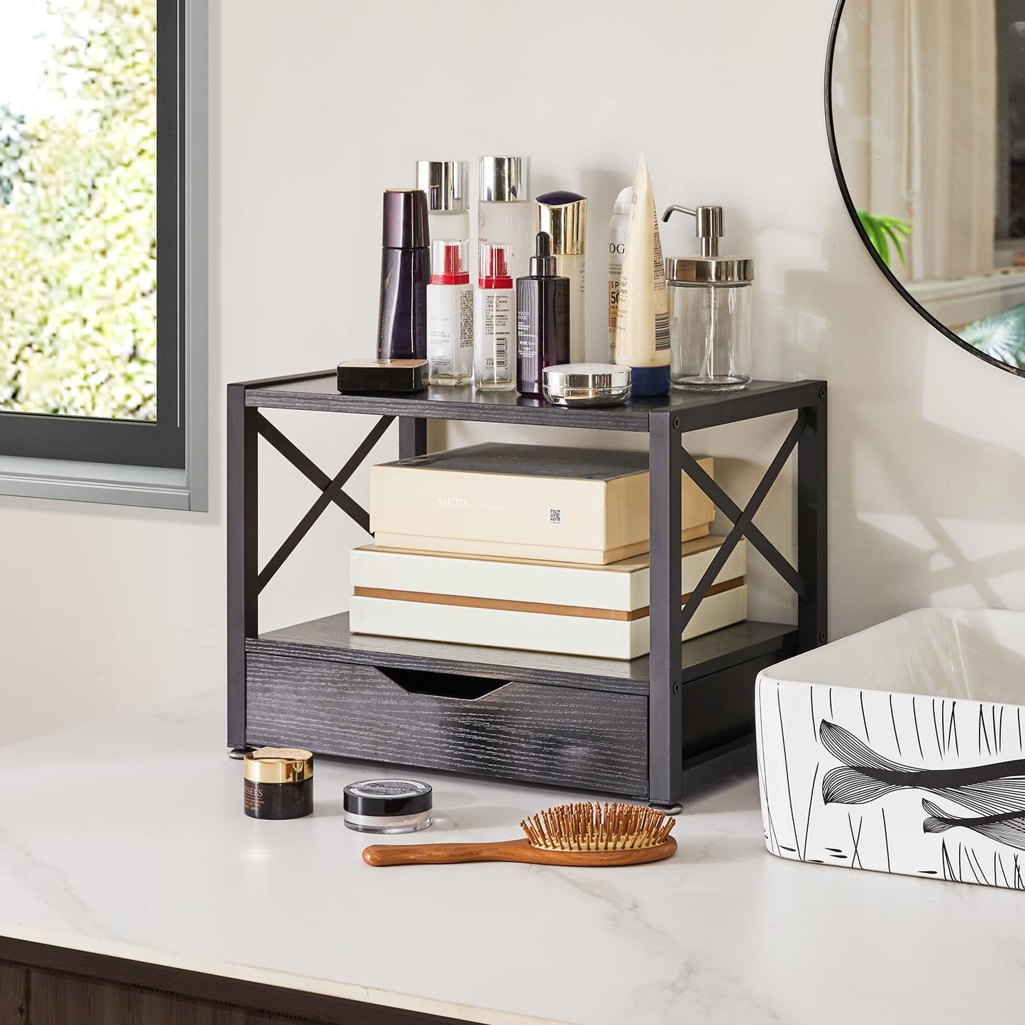 IBUYKE 2 Tier Desktop Printer Stand,Multi-Purpose Desk Organizer,Wooden Printer Stand with Drawer Storage for Folders,Books,for Fax Machine, Scanner,Home Office,Black TLJ006B