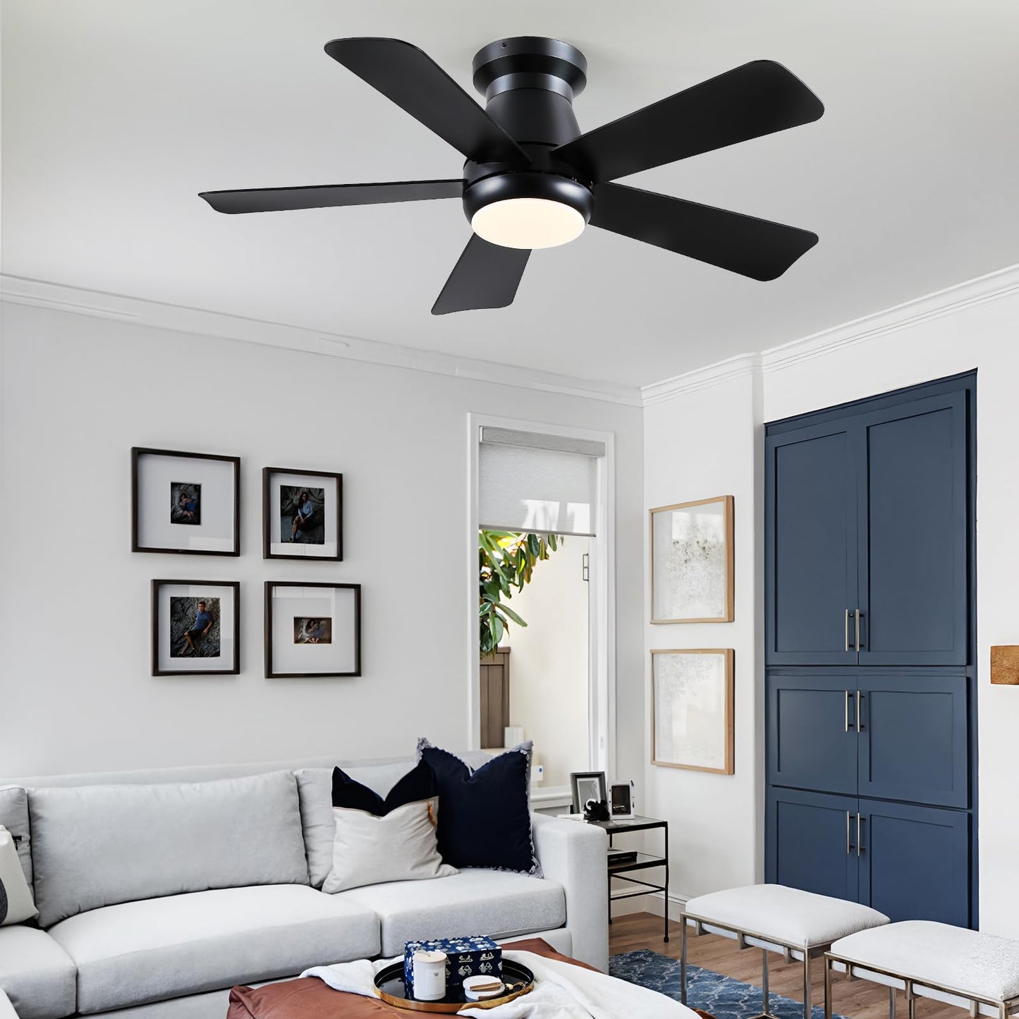 Hounberi 40 Inch Black Ceiling Fan with Light and Remote, Low Profile Flush Mount Ceiling Fans, Quiet Reversible Motor, 3-Color Dimmable LED, Modern Indoor Fan for Bedroom, Living Room & Low Ceilings