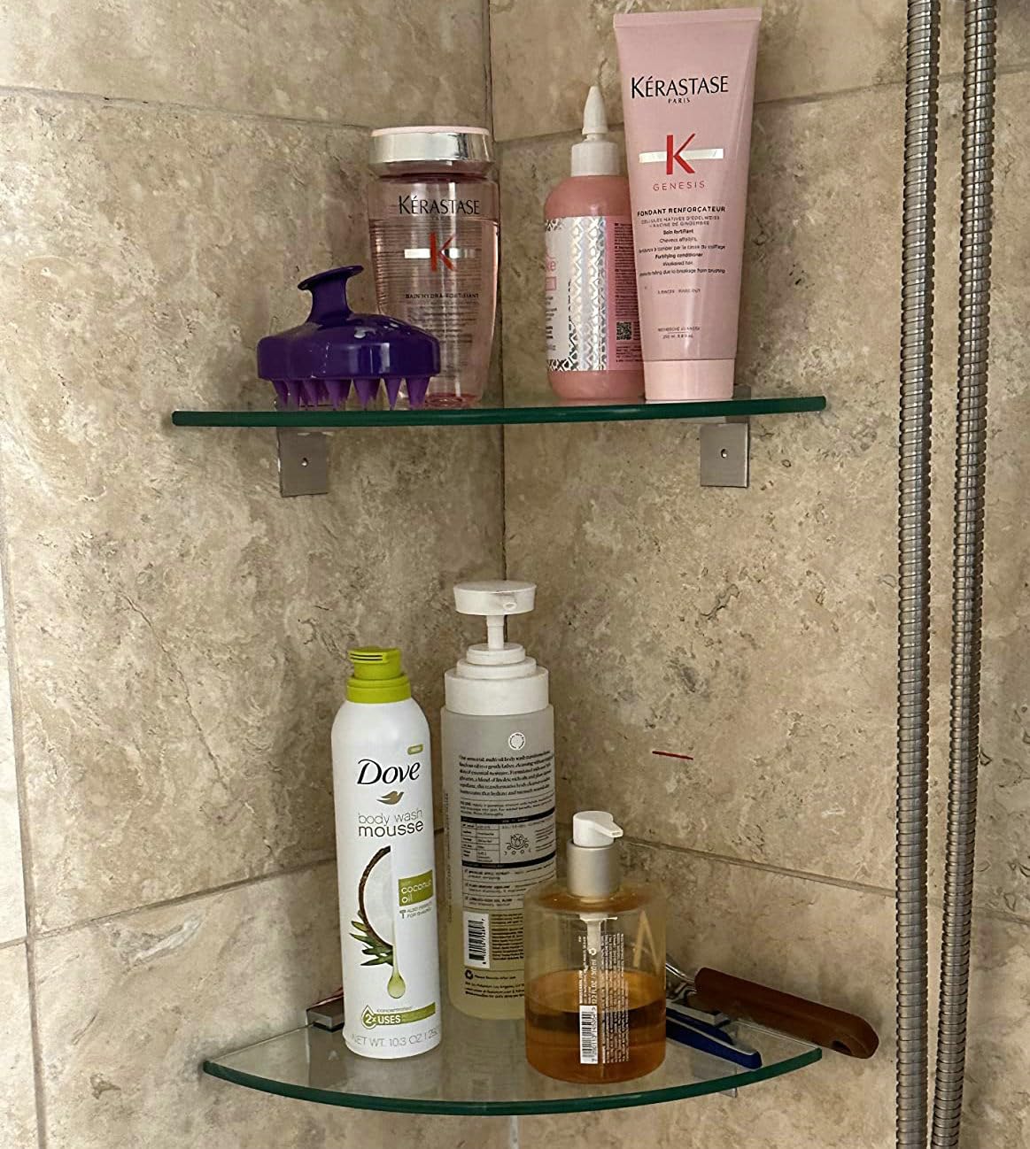 Bakzon Glass Corner Shower Shelf 2 Pack, 9.5" Tempered Glass Shower Caddy No Drill Adhesive Wall Mount, Holds 22 lbs, Rustproof Aluminum Brackets, Bathroom Corner Shelf for Inside Shower