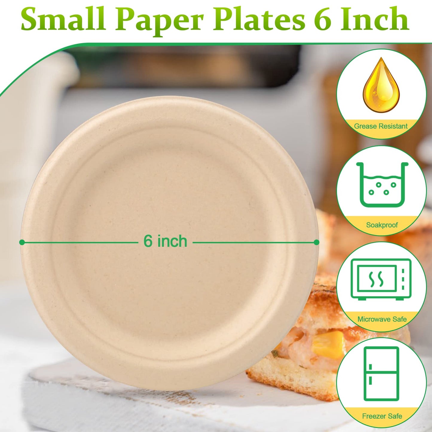 Greconv 300 Pack 6 inch Paper Plates, Small Paper Plates Bulk, Disposable Dessert Paper Plates, Compostable Plates Made from Sugarcane Fibers, Recycled Plates, Brown