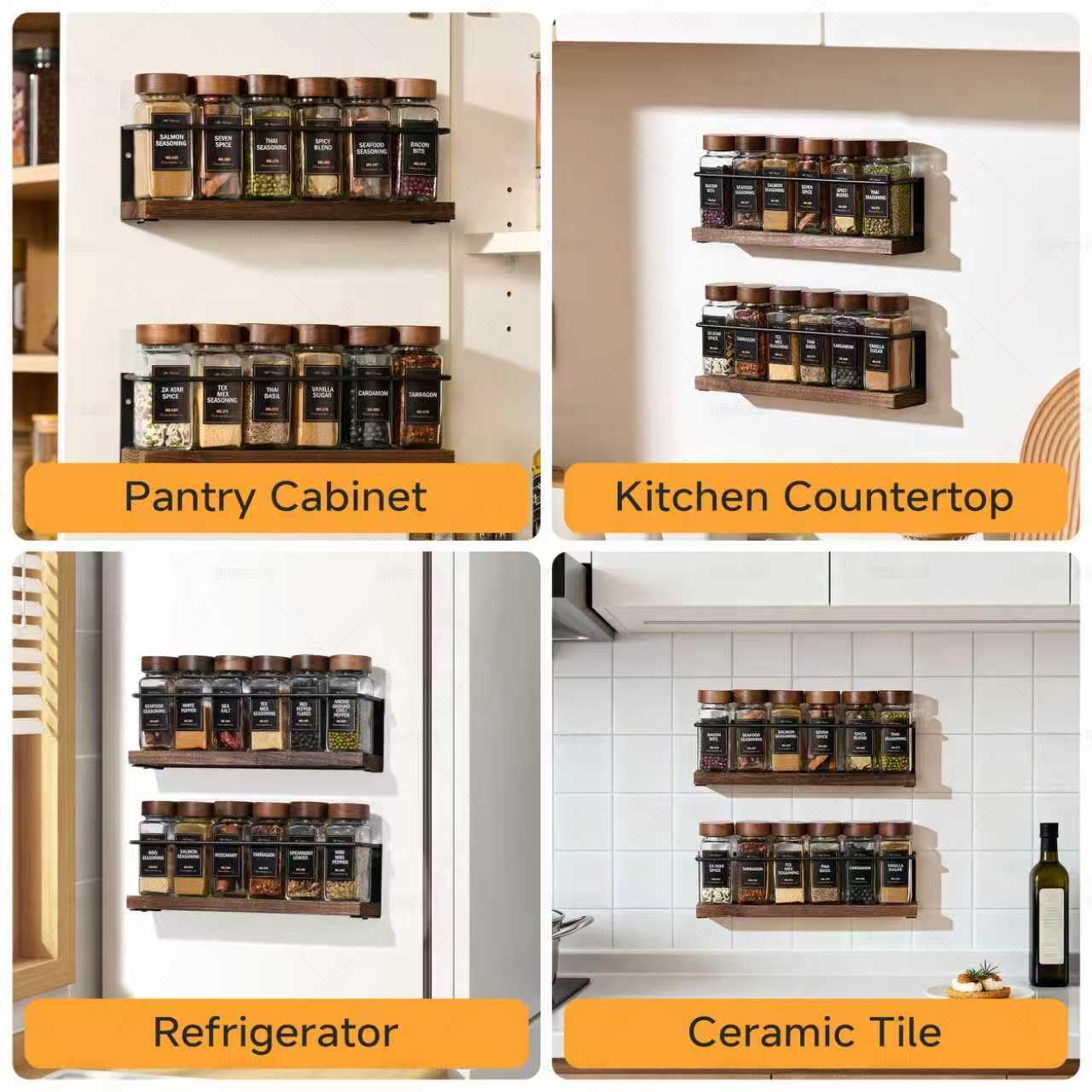 KitHero 4-Tier Wall Mount Spice Rack Organizer with 24 Glass Jars, 216 Labels & Funnel - Screw/Adhesive Mount, Black Metal & Wood Spice Storage for Kitchen Pantry Cabinet, 11.6”W x 2.4”D x 3.2”H