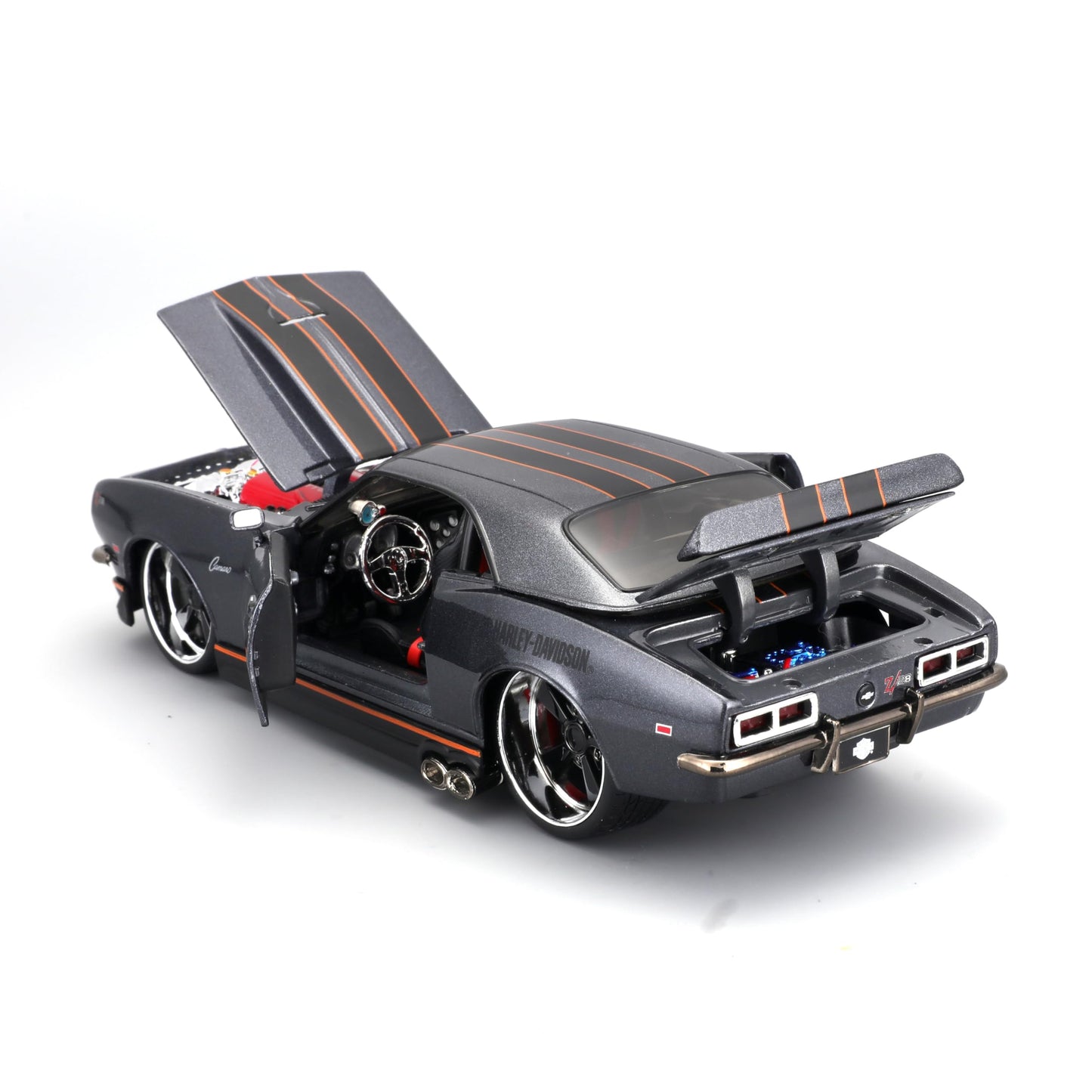 Maisto 1968 Chevrolet Camaro Z/28 Dark Gray Metallic with Black and Orange Stripes Harley Davidson H-D Custom 1/24 Diecast Model Car