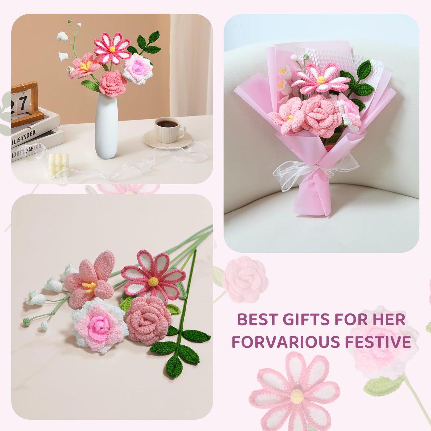 Ecerangus Crochet Flower Bouquet, Handmade Crochet Flowers Knitted Flowers Bouquet for Mother's Day Anniversary Birthday Graduation Lover Valentines Day Gifts(Pink)